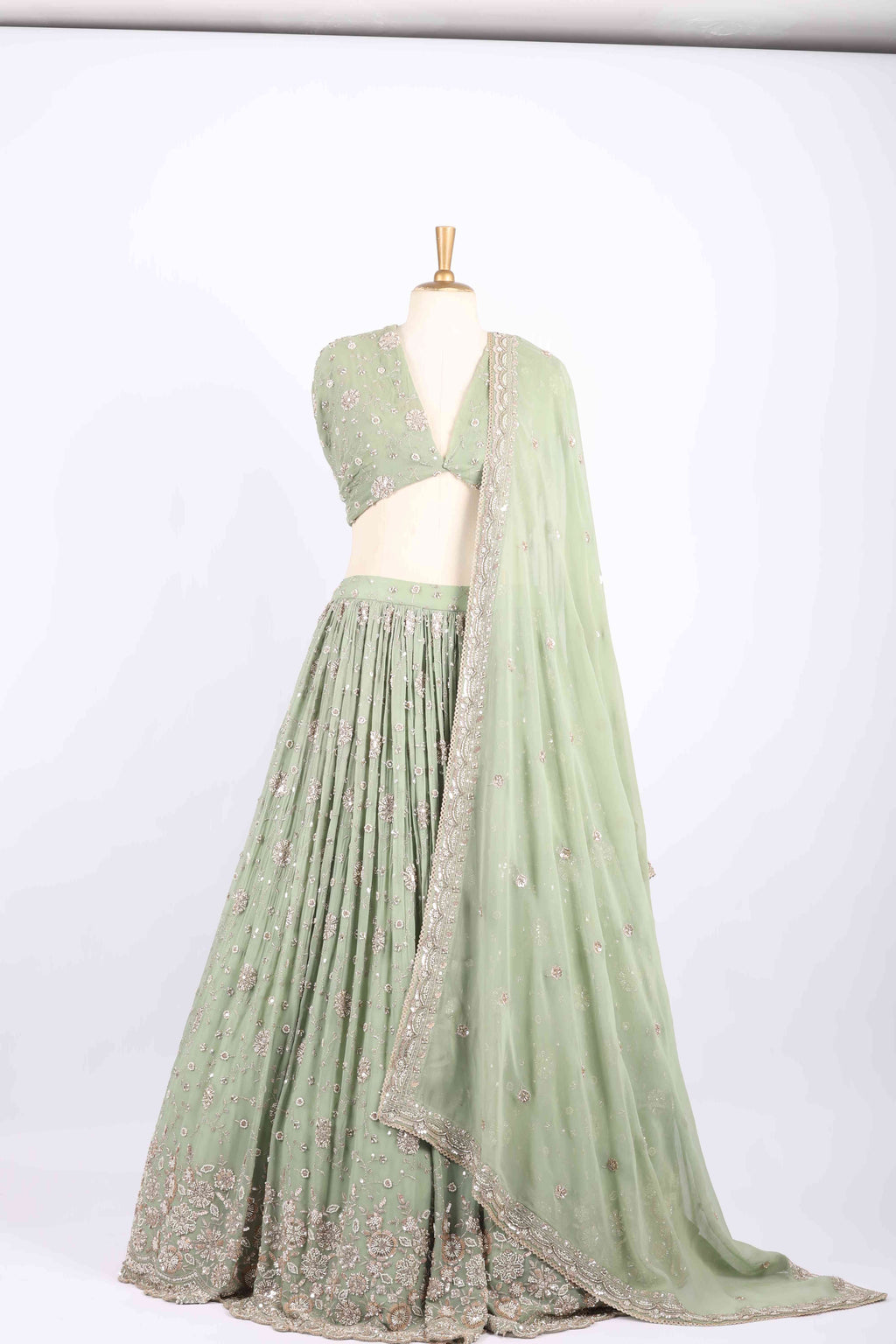 Pastel Green Embroidered Net Lehenga Set