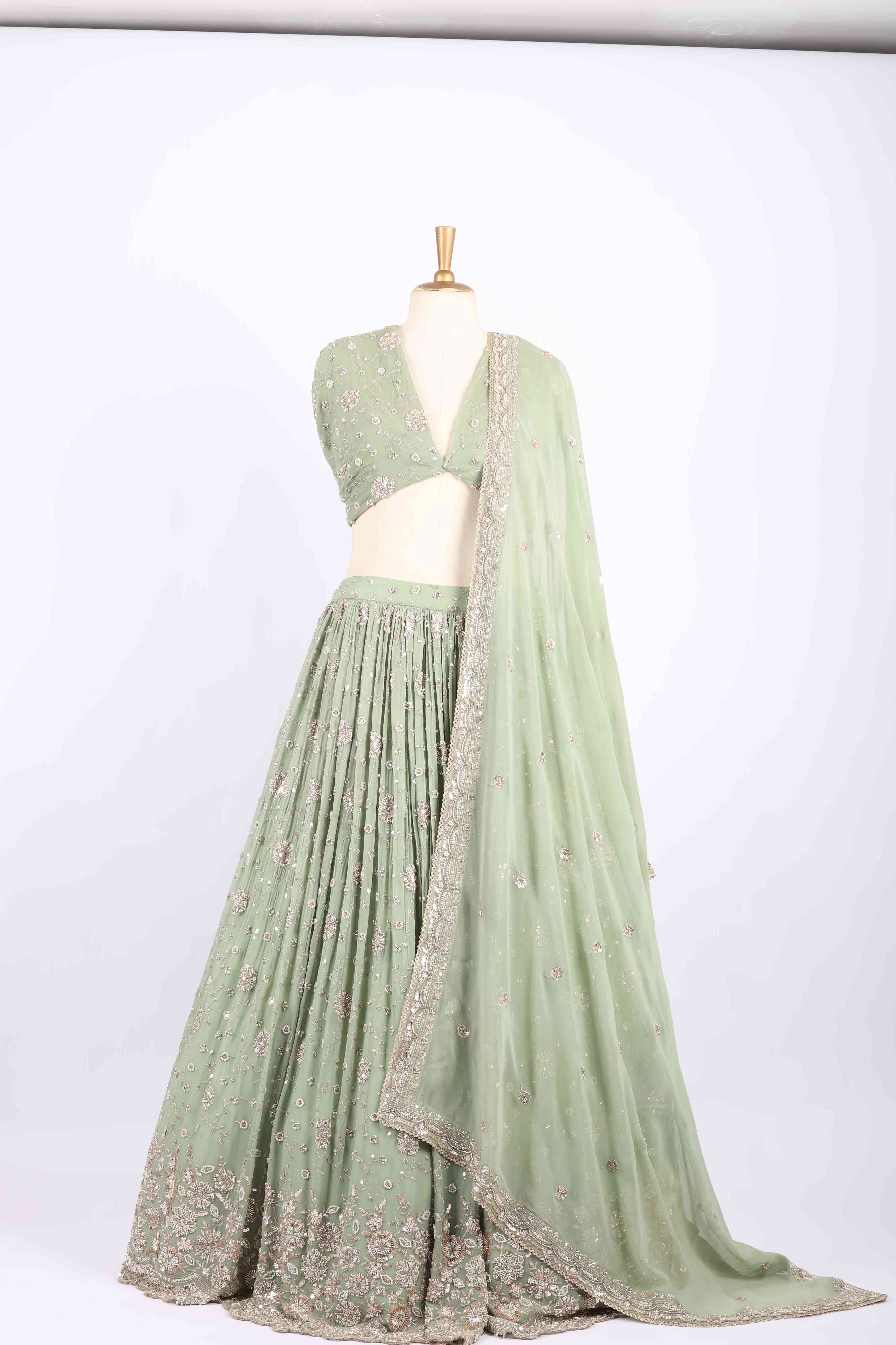 Pastel Green Embroidered Net Lehenga Set