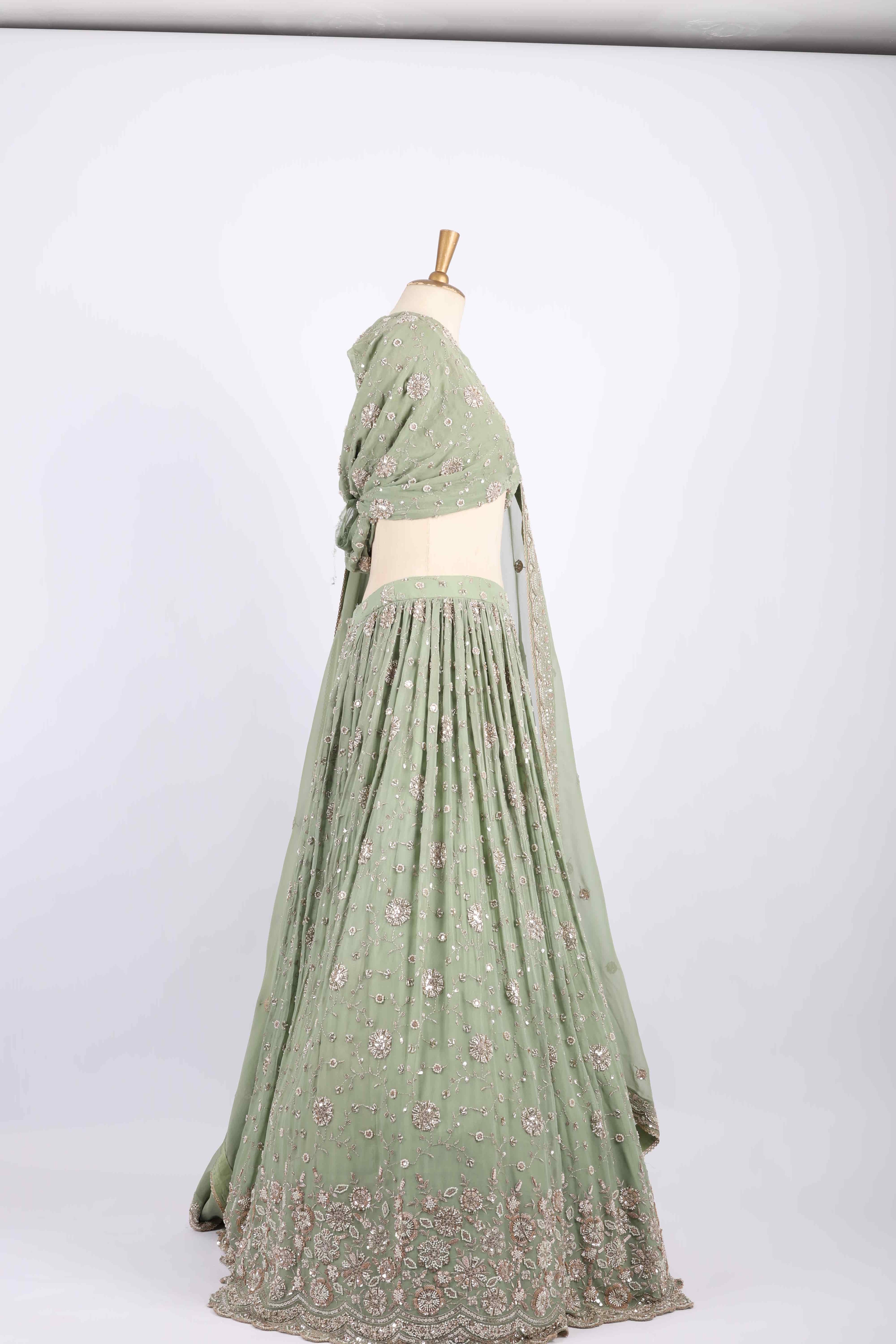 Pastel Green Embroidered Net Lehenga Set