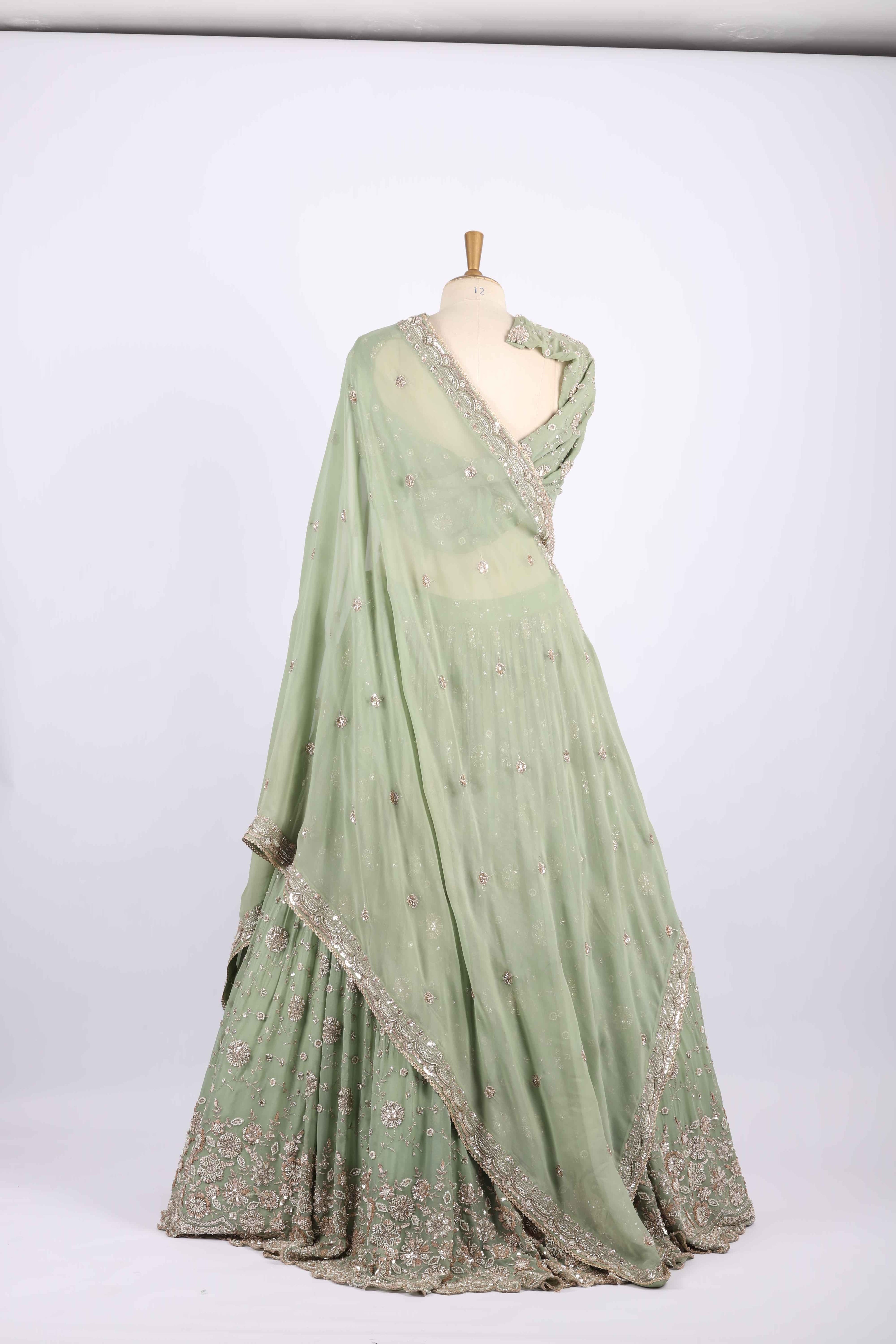 Pastel Green Embroidered Net Lehenga Set