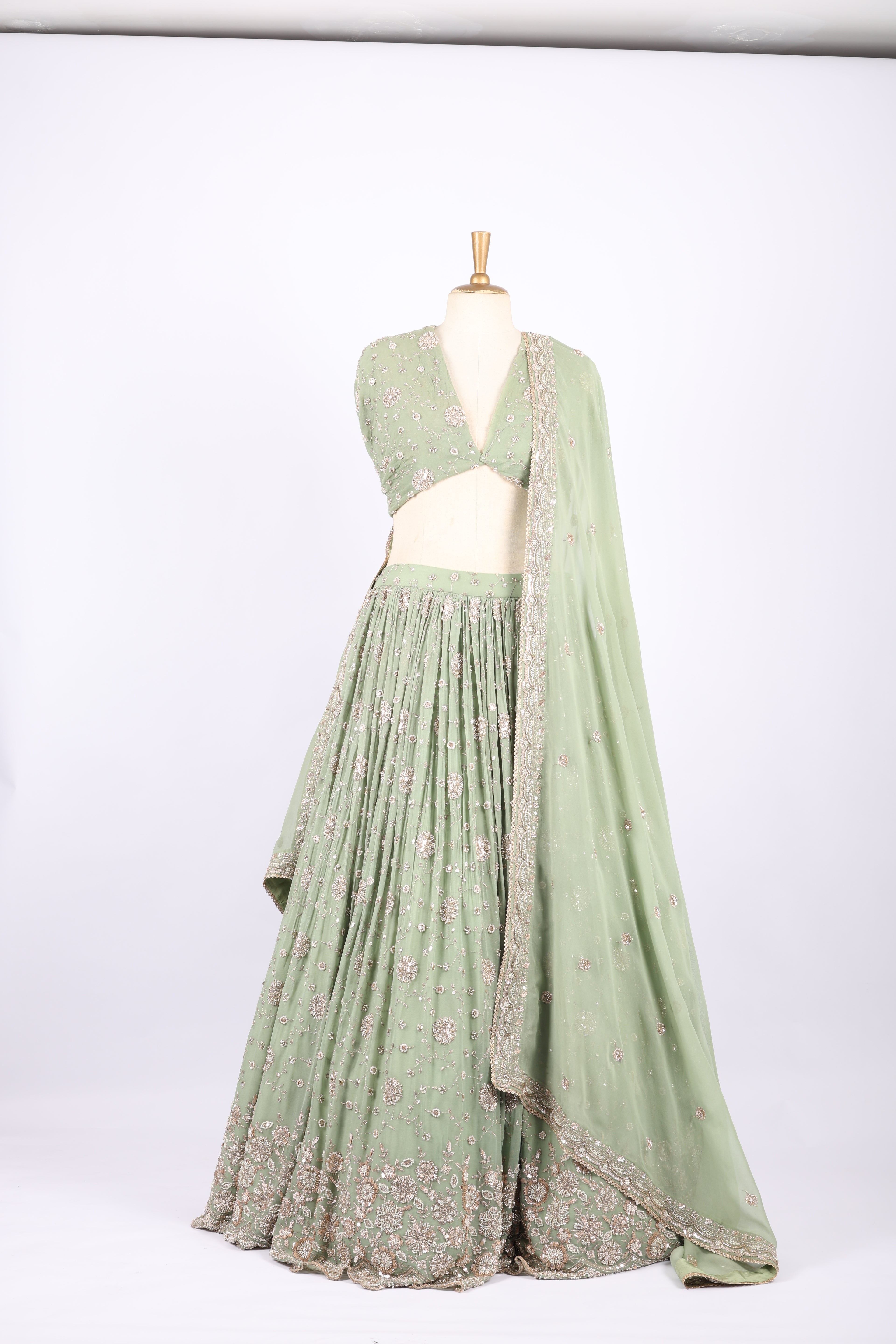 Pastel Green Embroidered Net Lehenga Set