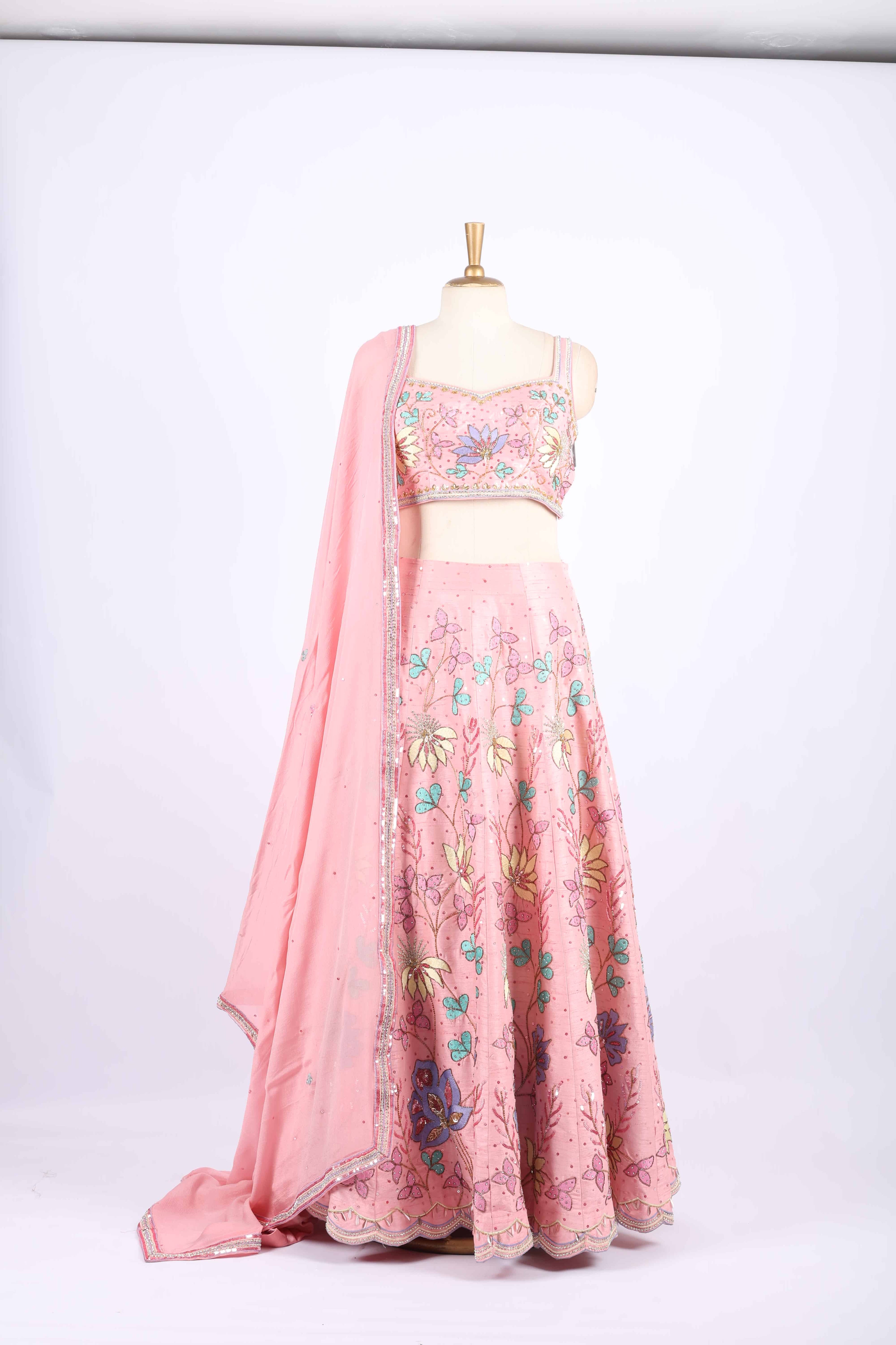 Pastel Pink Floral Embroidered Lehenga Set
