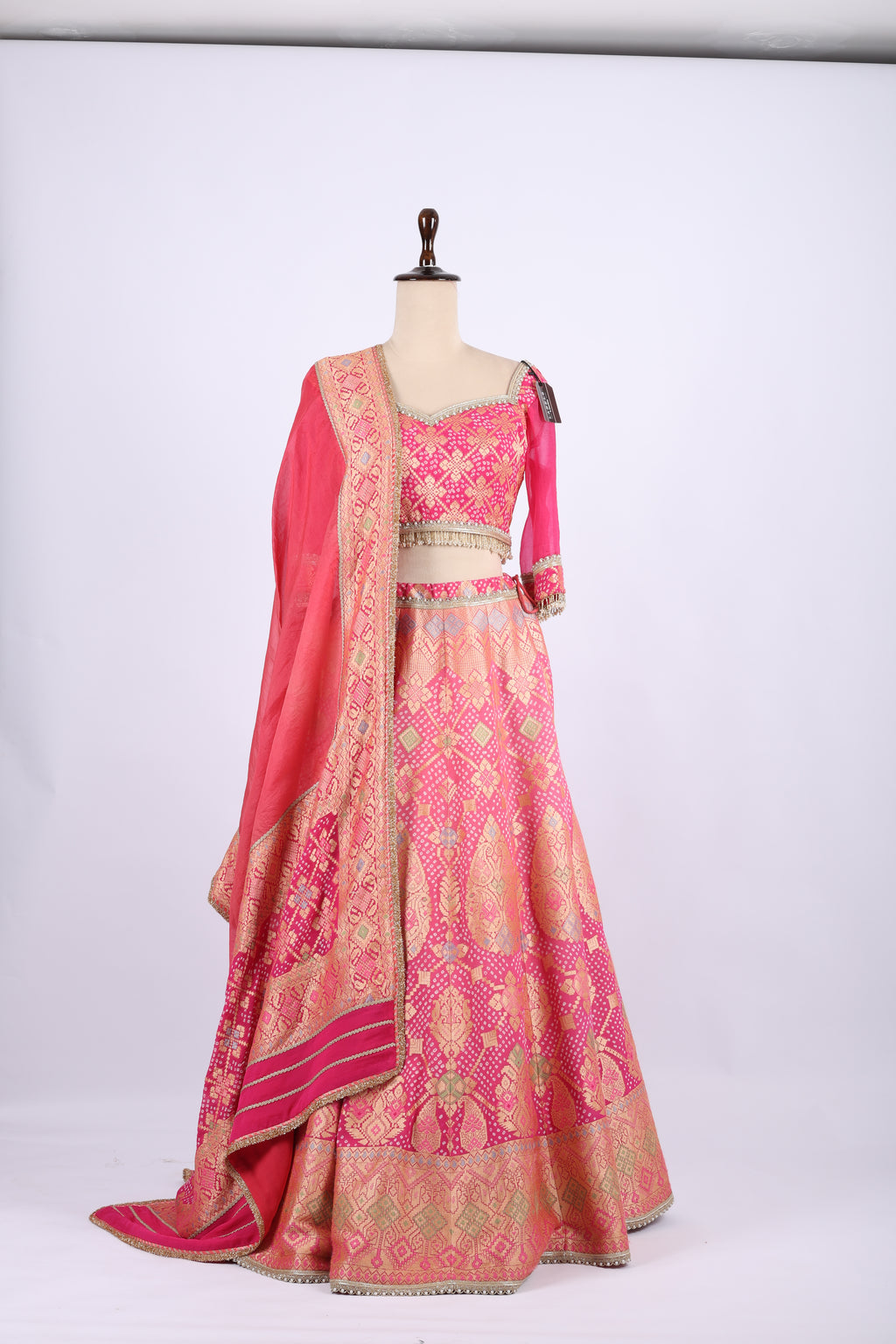 Pink and Gold Banarasi Silk Lehenga Set
