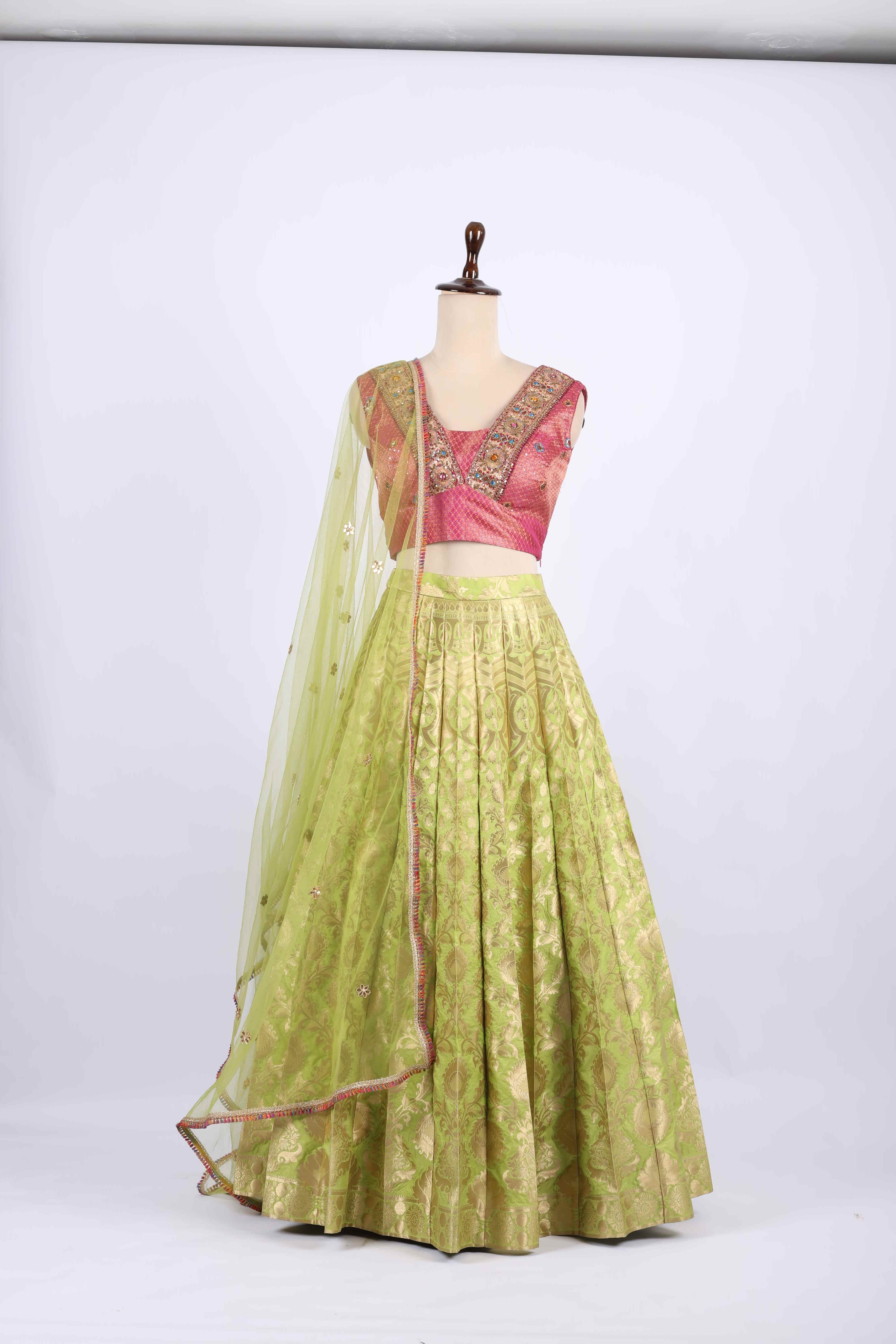 Pink and Lime Green Banarasi Silk Lehenga Set