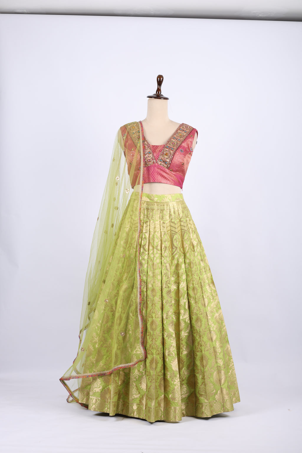 Pink and Lime Green Banarasi Silk Lehenga Set