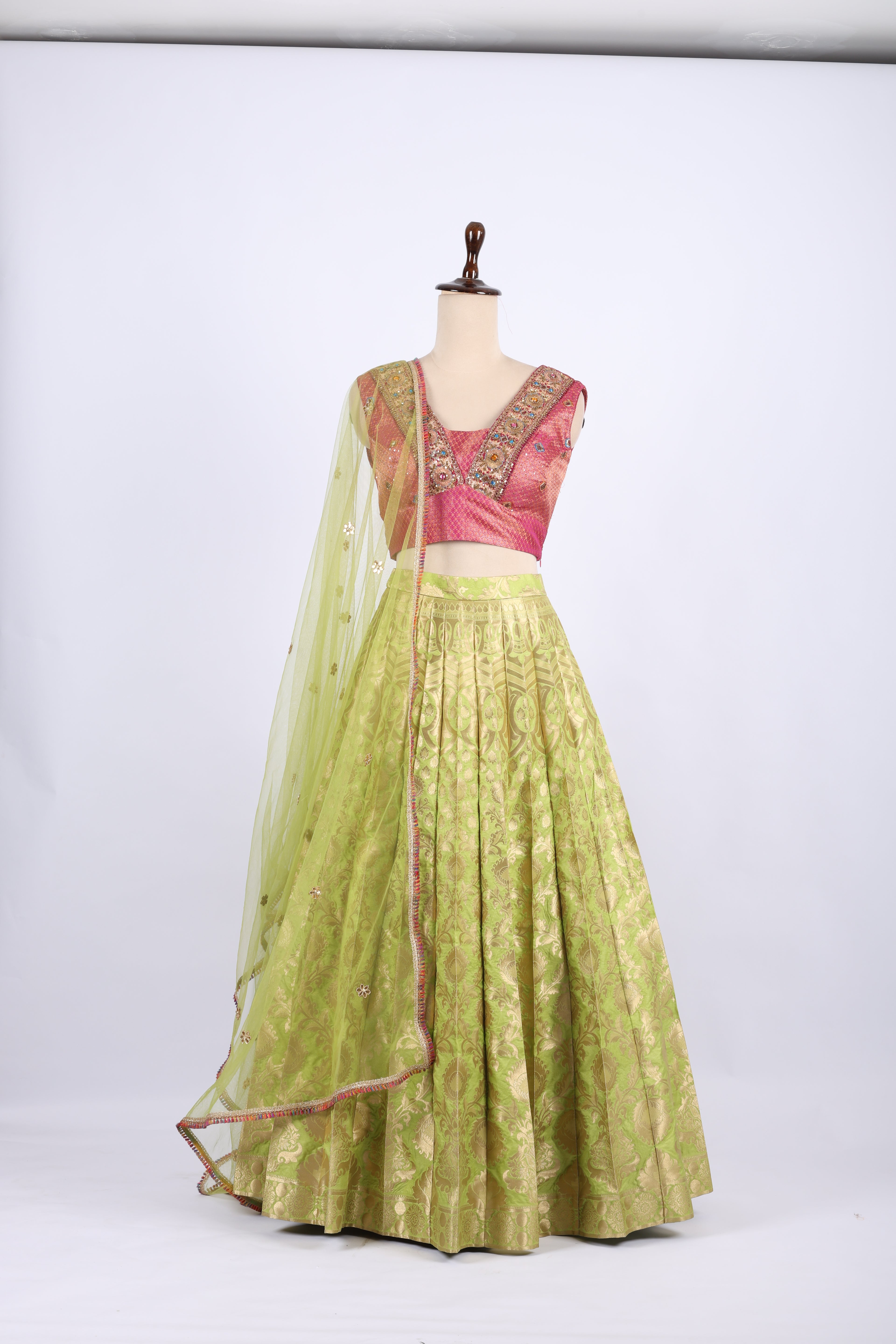 Pink and Lime Green Banarasi Silk Lehenga Set