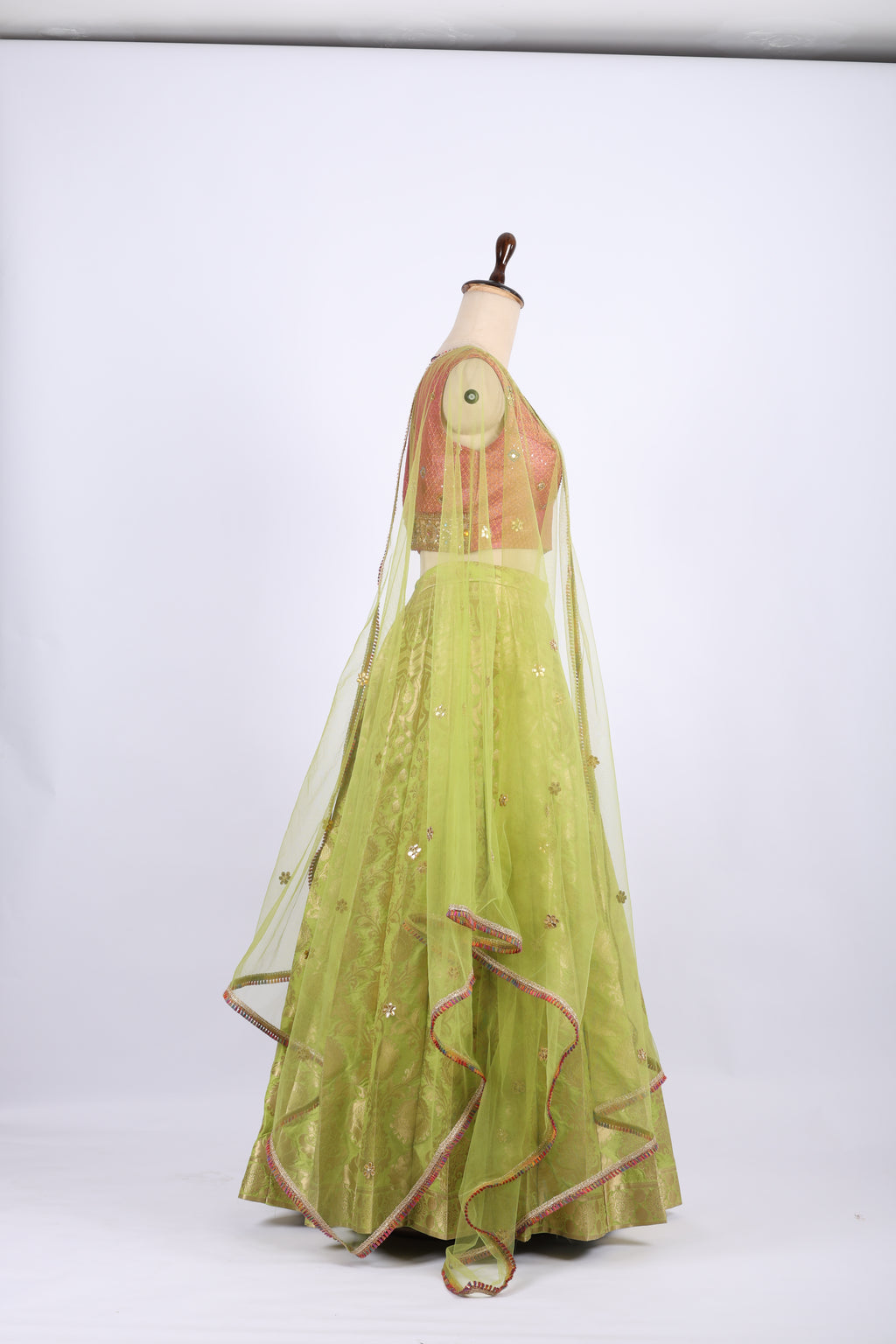 Pink and Lime Green Banarasi Silk Lehenga Set