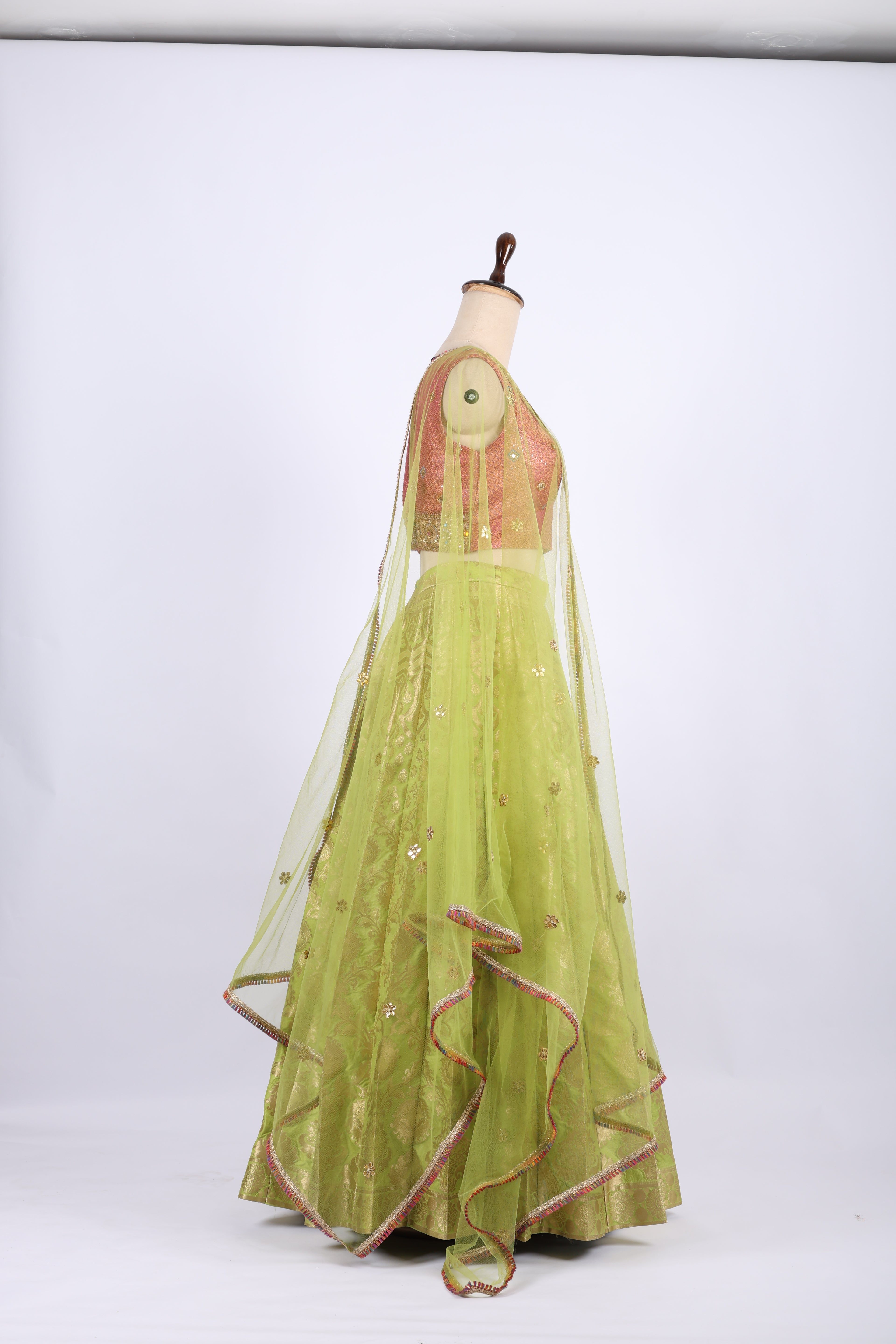 Pink and Lime Green Banarasi Silk Lehenga Set