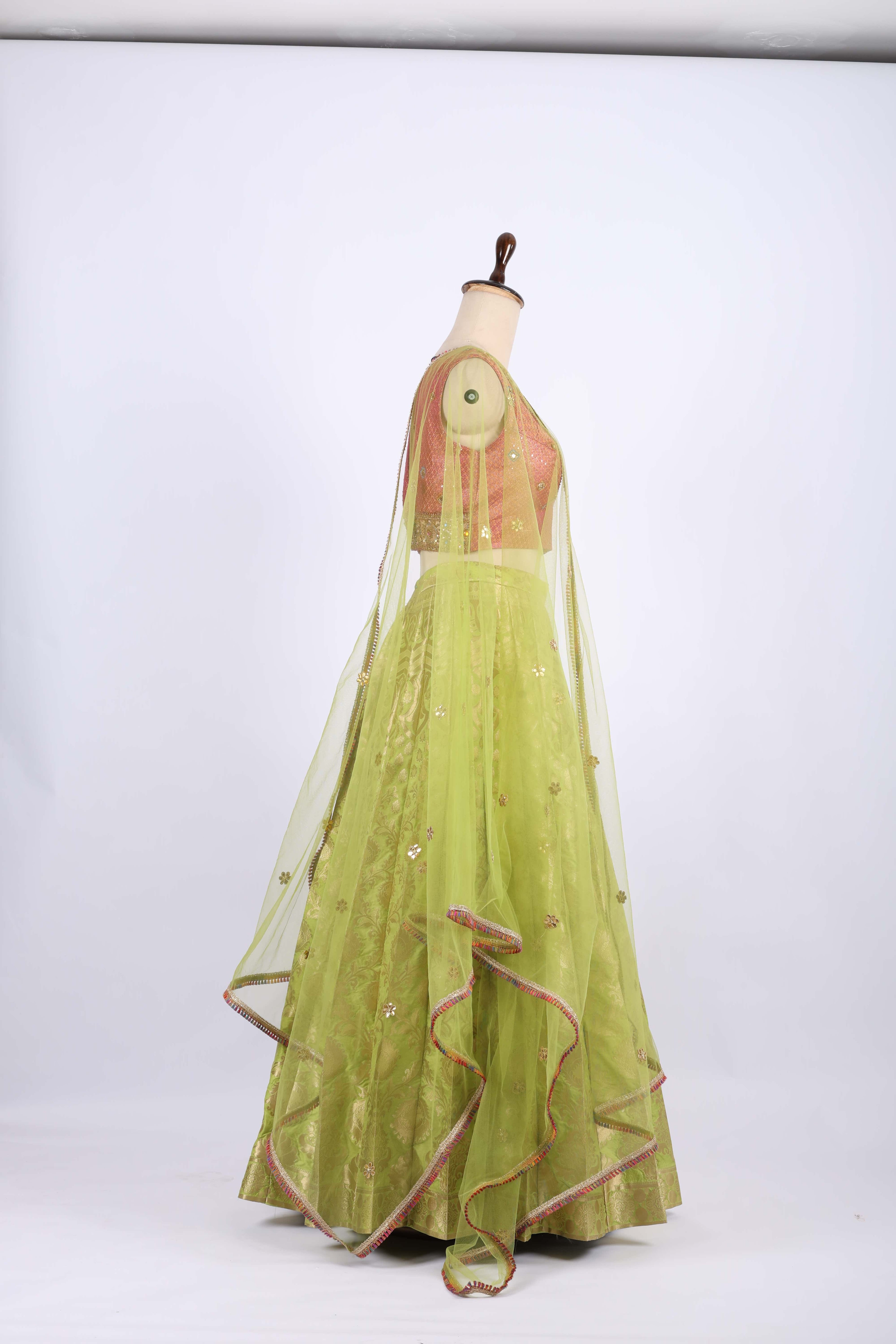 Pink and Lime Green Banarasi Silk Lehenga Set