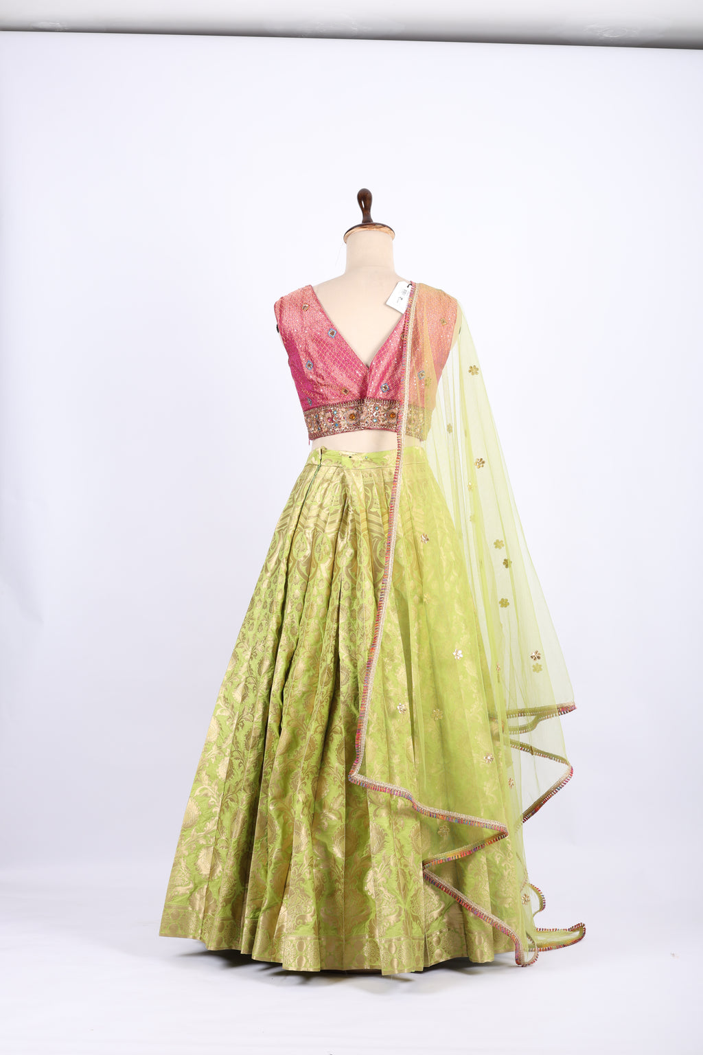 Pink and Lime Green Banarasi Silk Lehenga Set