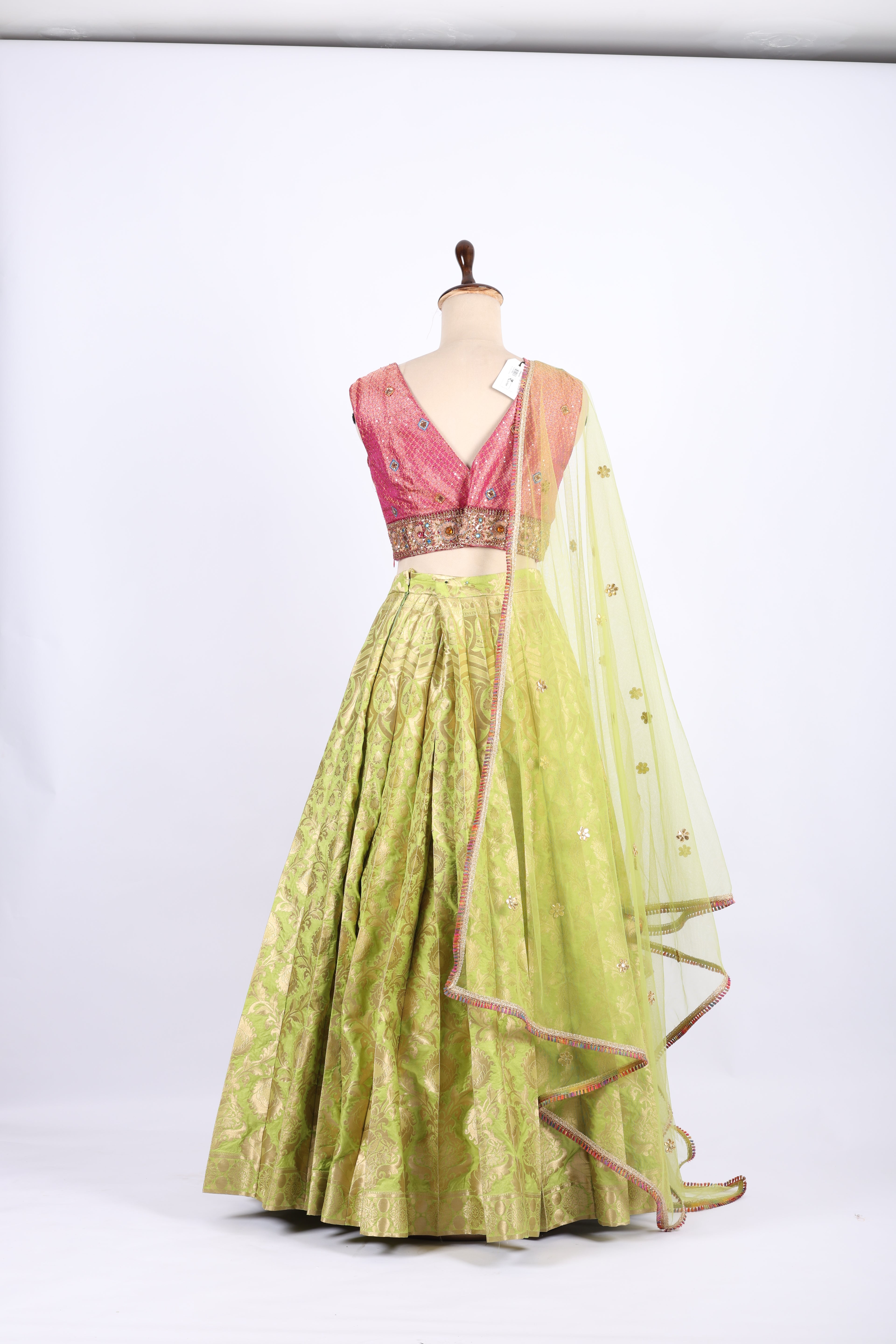Pink and Lime Green Banarasi Silk Lehenga Set