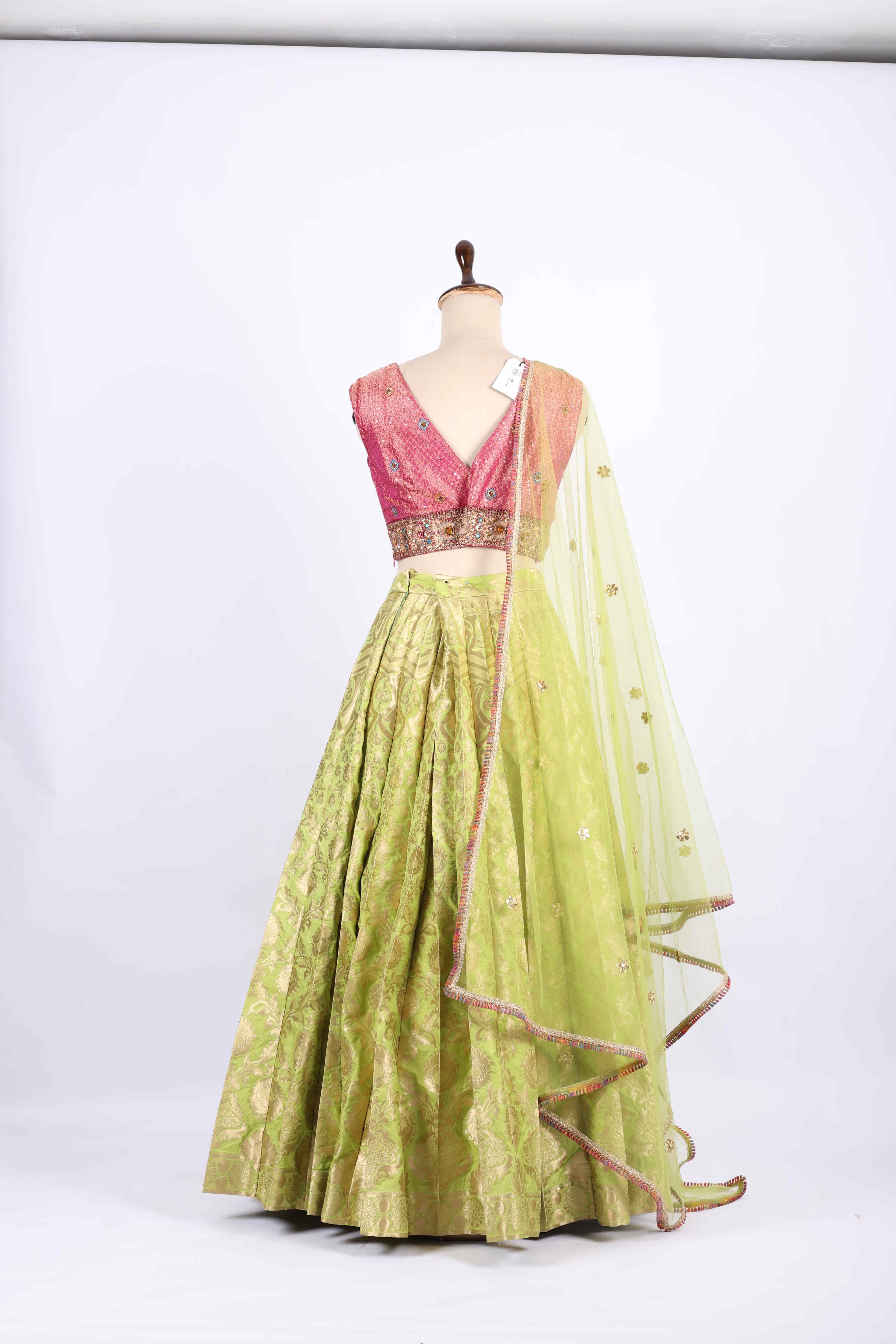 Pink and Lime Green Banarasi Silk Lehenga Set
