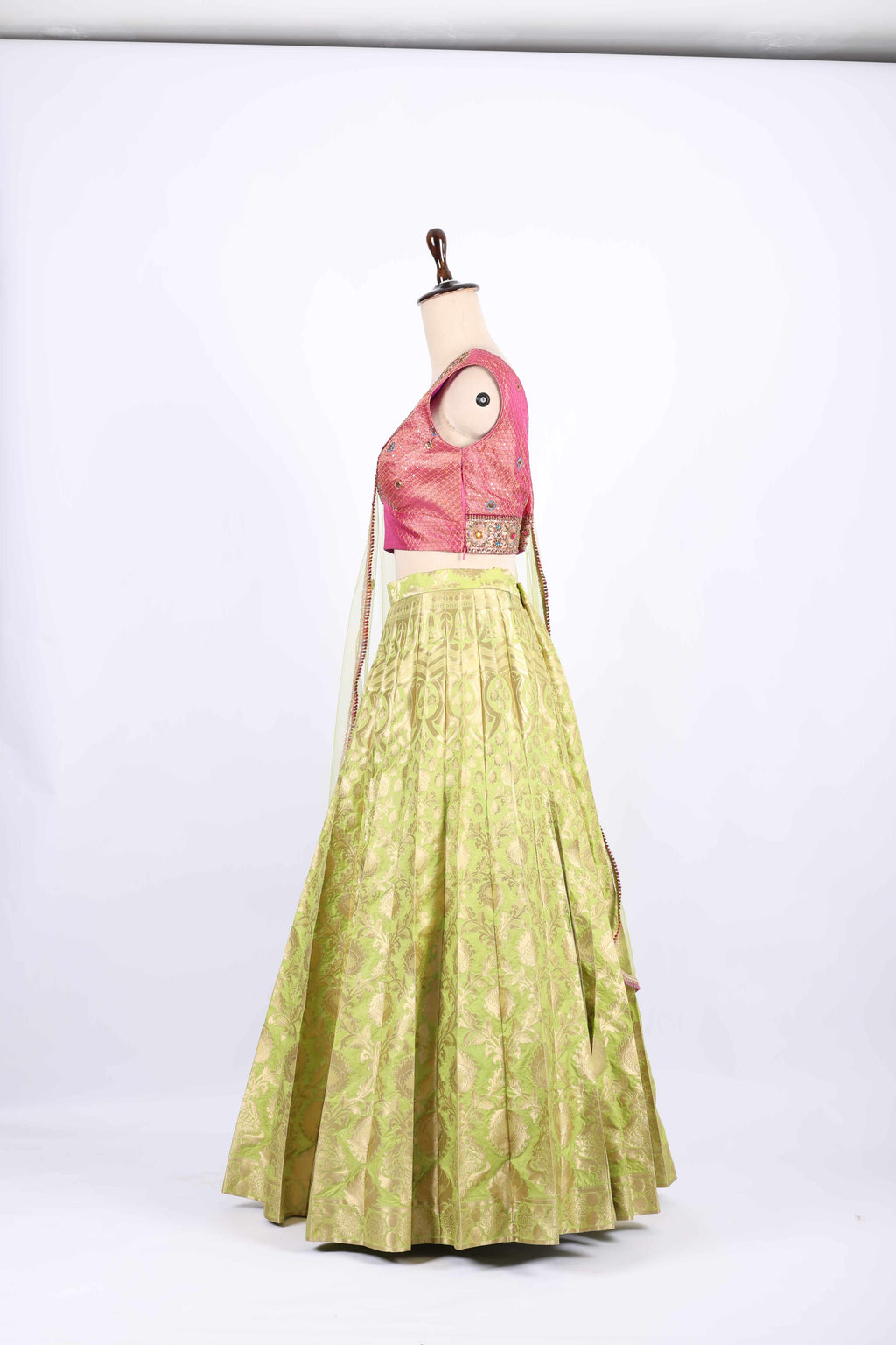 Pink and Lime Green Banarasi Silk Lehenga Set