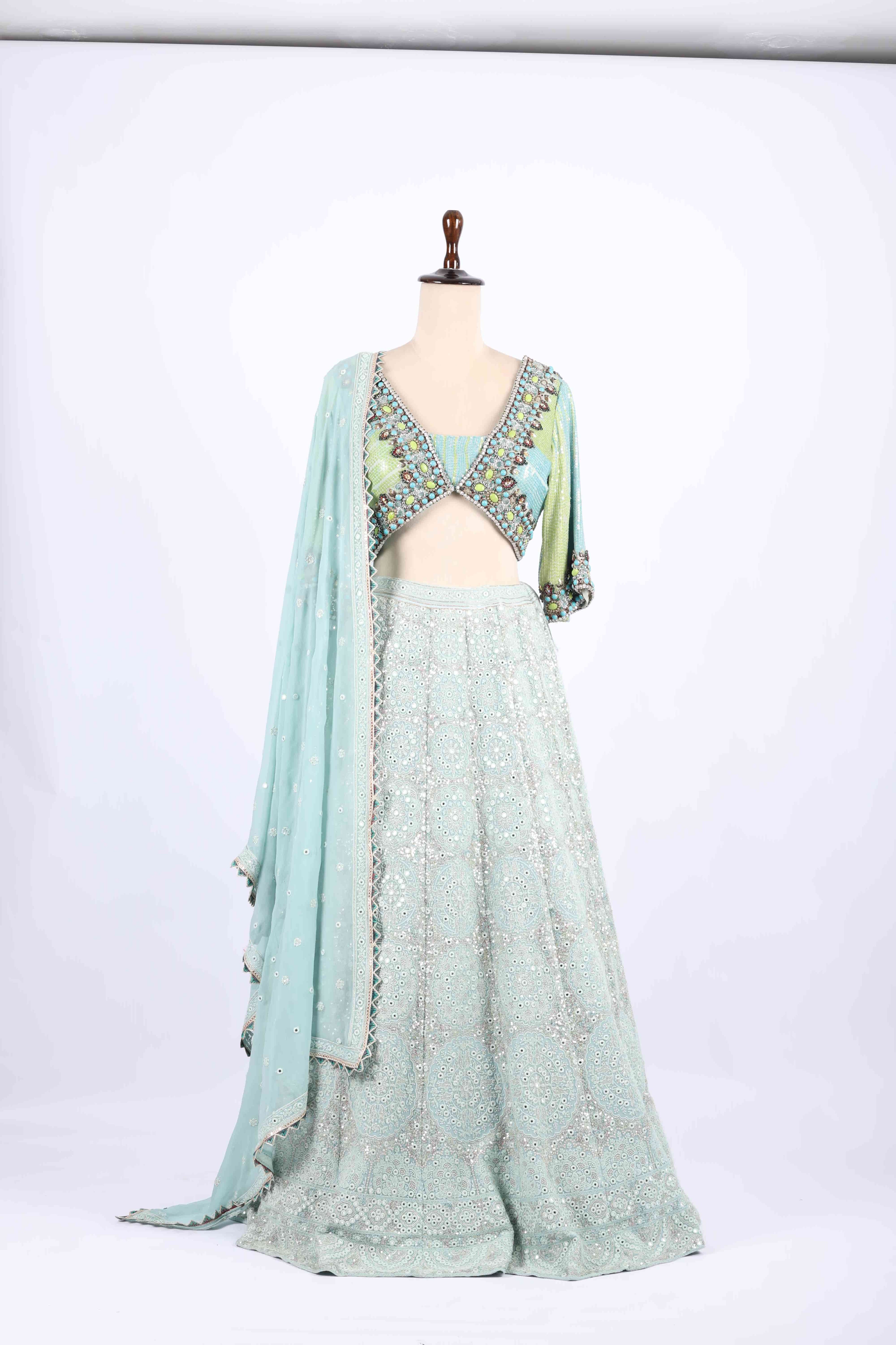 Sea Green Mirror  & Thread  Embroidered Lehenga Set