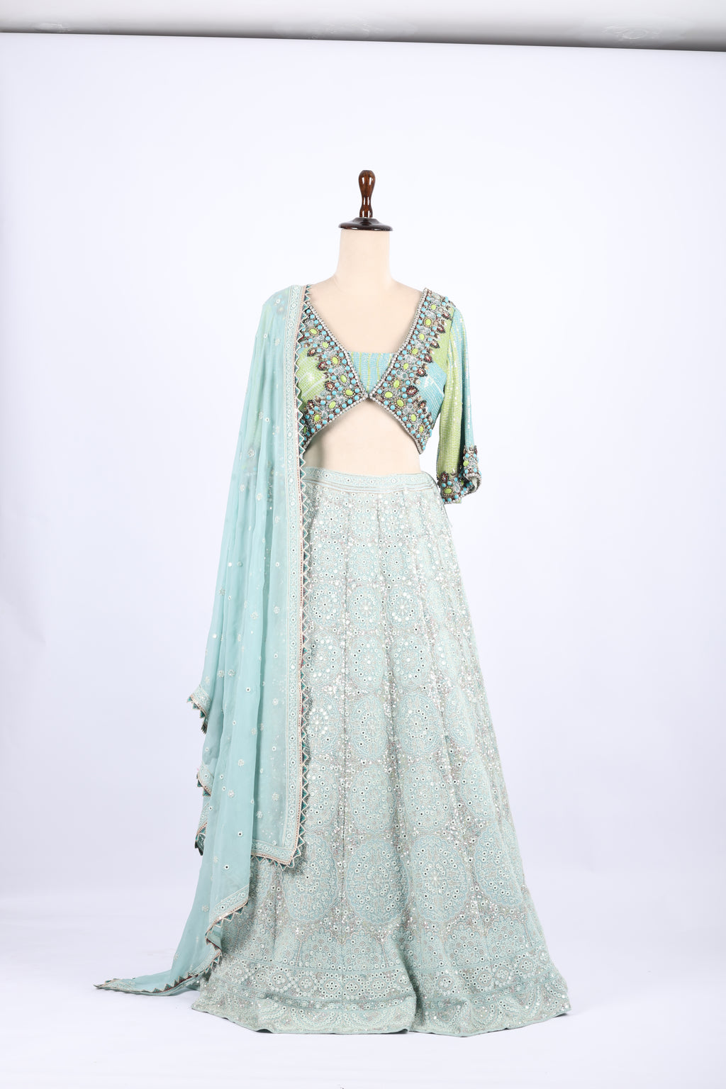 Sea Green Mirror  & Thread  Embroidered Lehenga Set