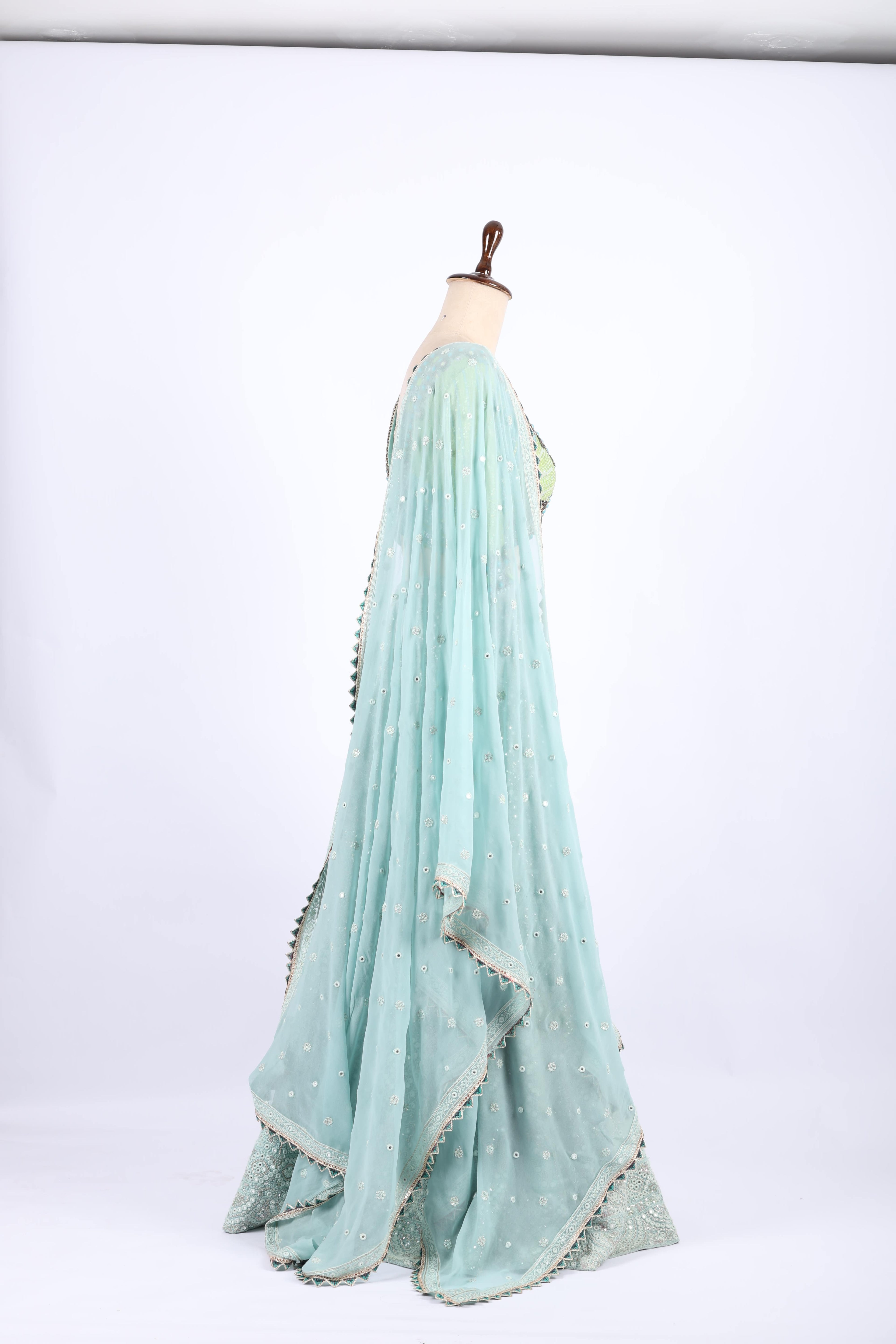 Sea Green Mirror  & Thread  Embroidered Lehenga Set
