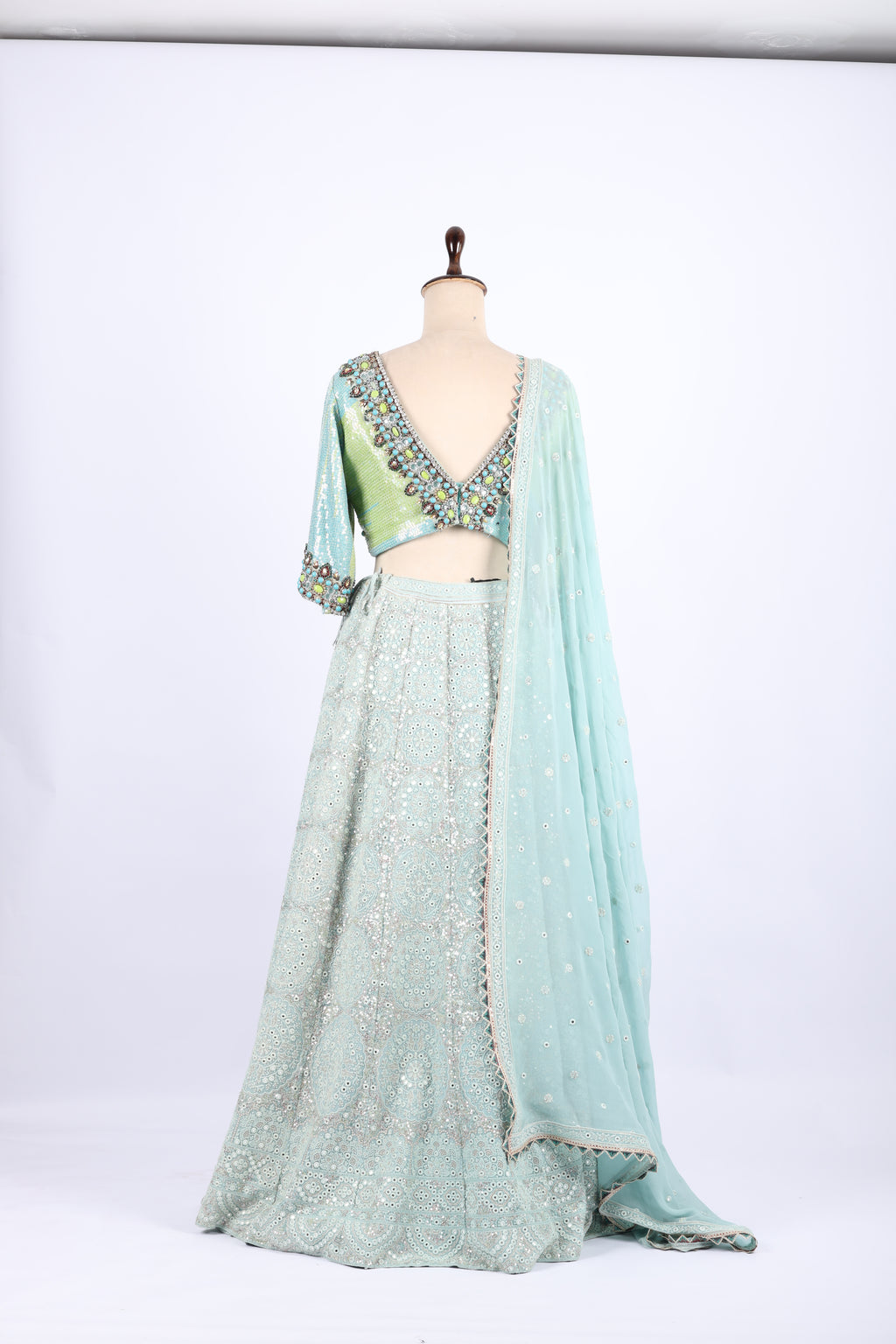 Sea Green Mirror  & Thread  Embroidered Lehenga Set