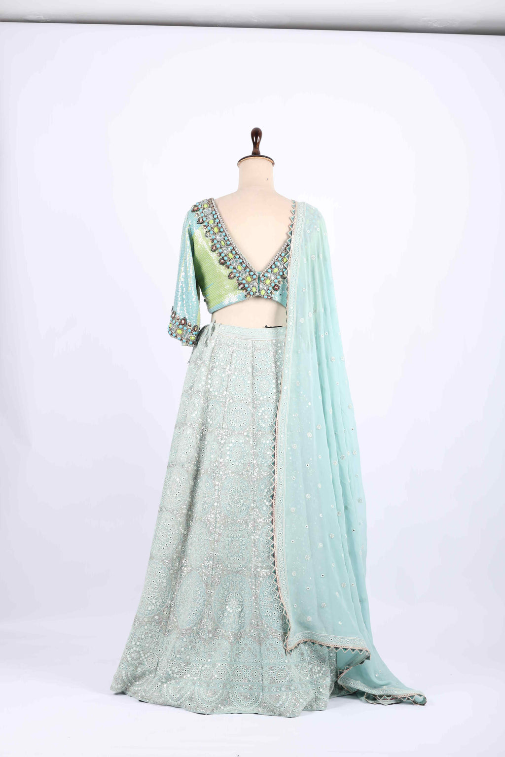 Sea Green Mirror  & Thread  Embroidered Lehenga Set