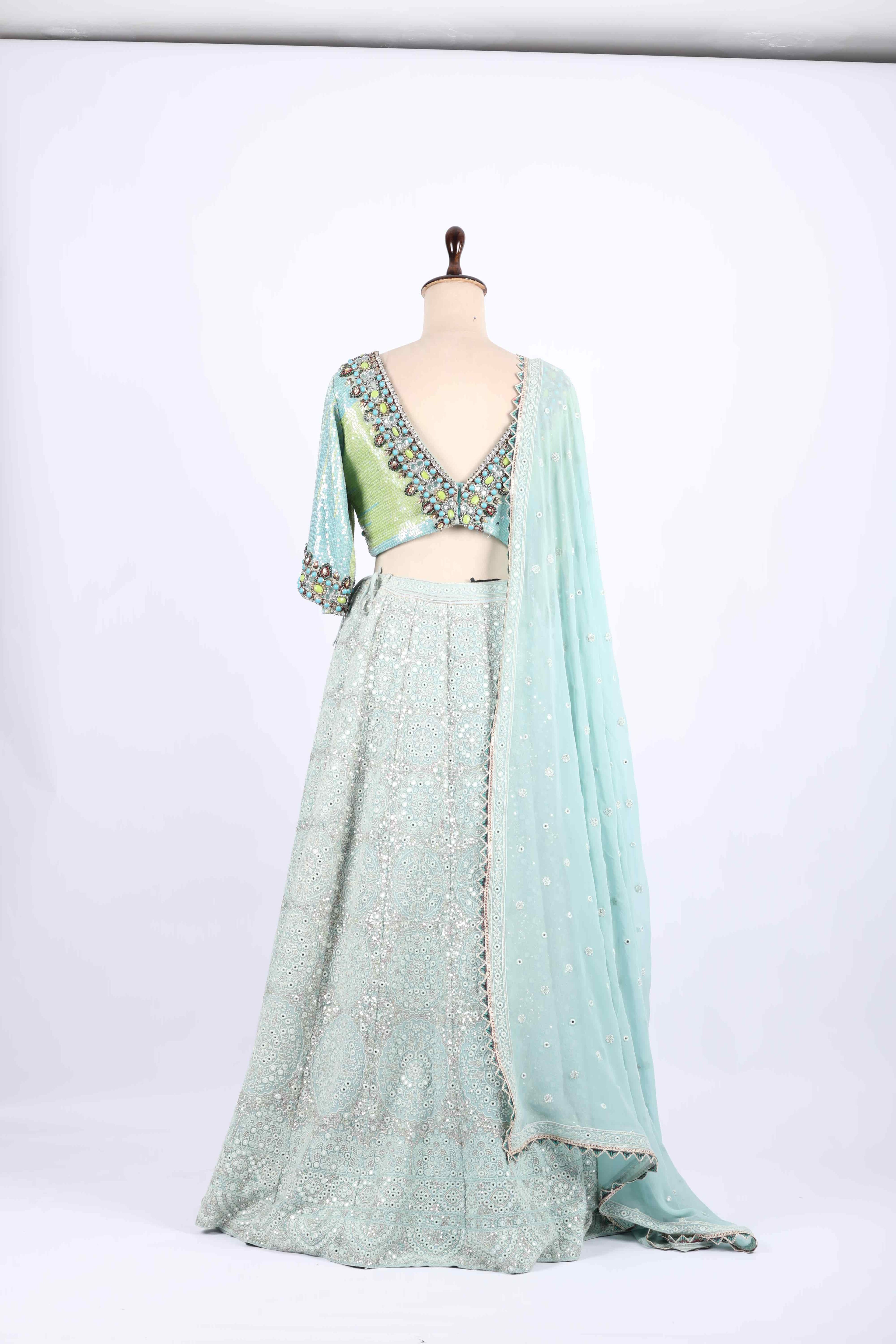 Sea Green Mirror  & Thread  Embroidered Lehenga Set