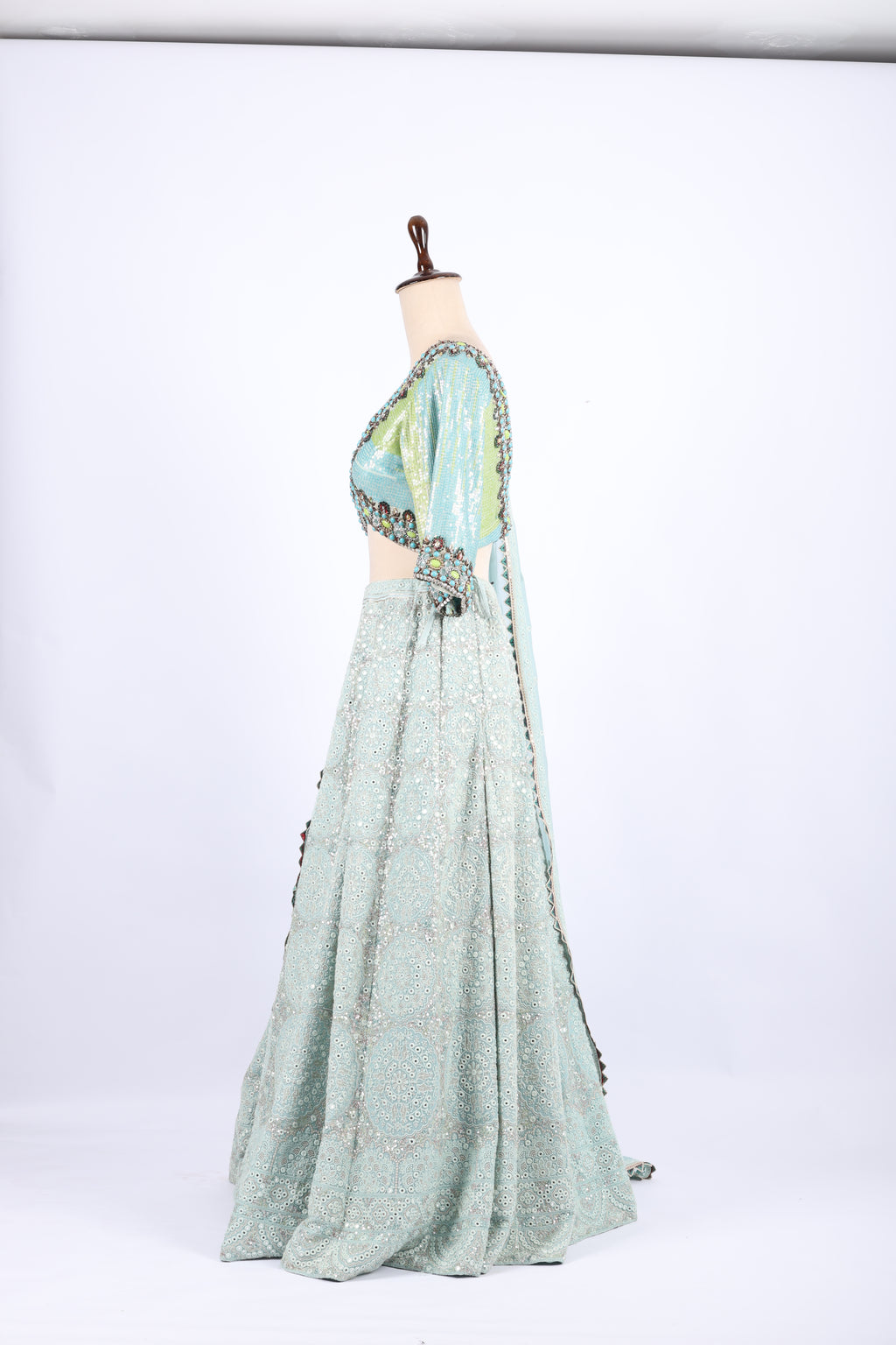 Sea Green Mirror  & Thread  Embroidered Lehenga Set