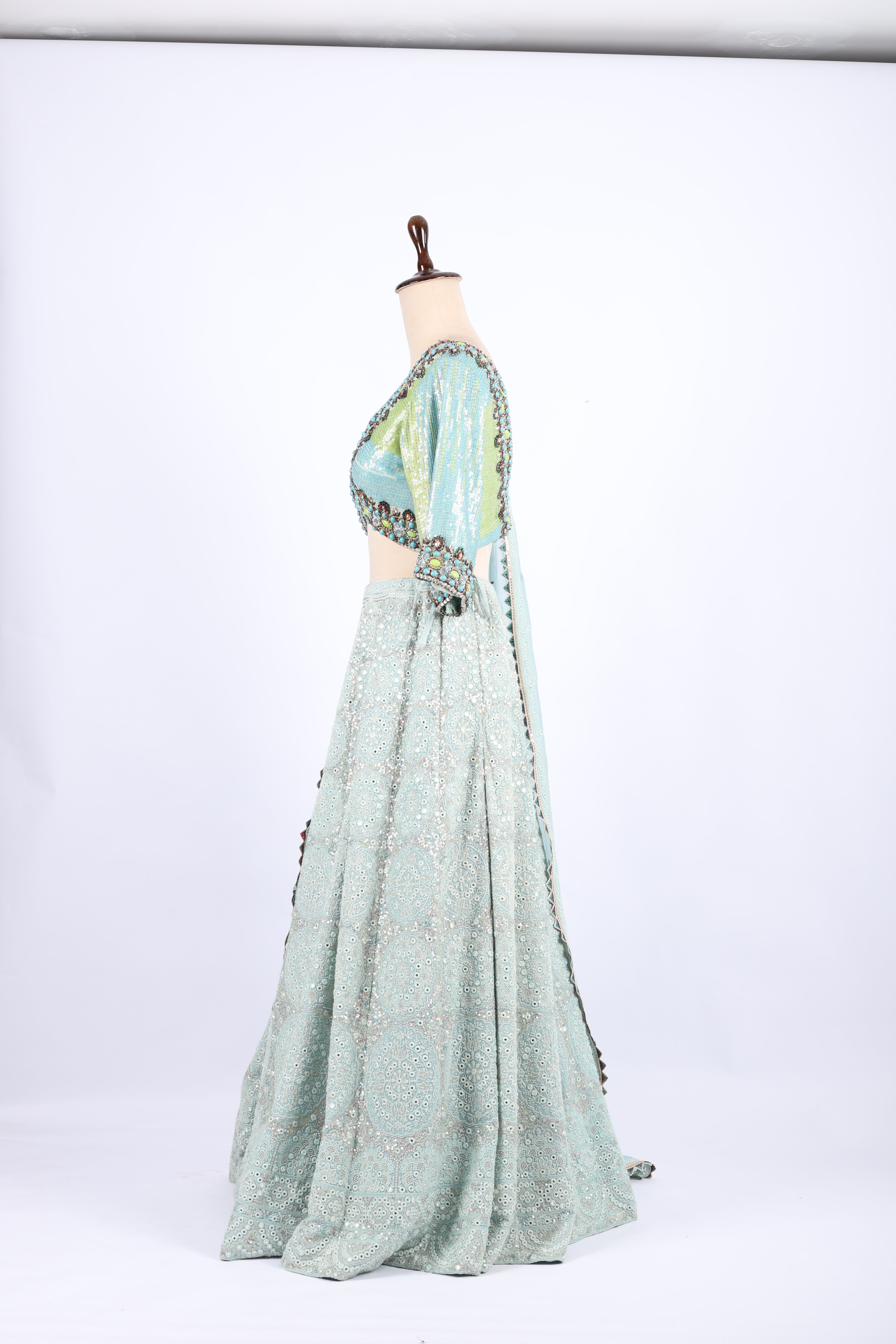 Sea Green Mirror  & Thread  Embroidered Lehenga Set