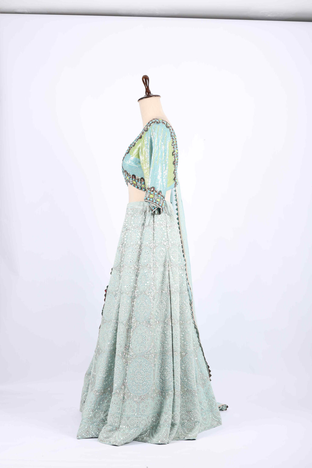 Sea Green Mirror  & Thread  Embroidered Lehenga Set