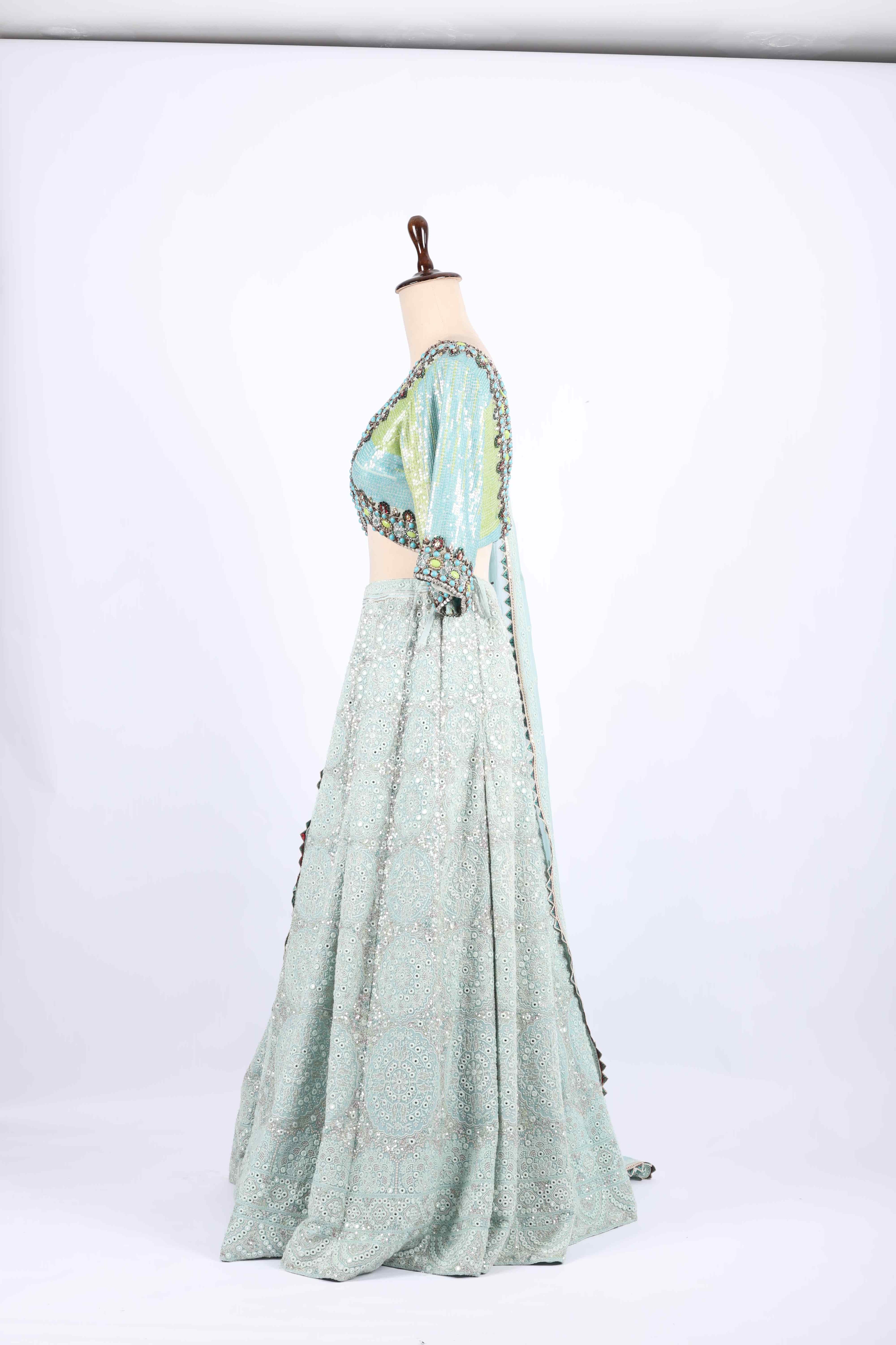 Sea Green Mirror  & Thread  Embroidered Lehenga Set