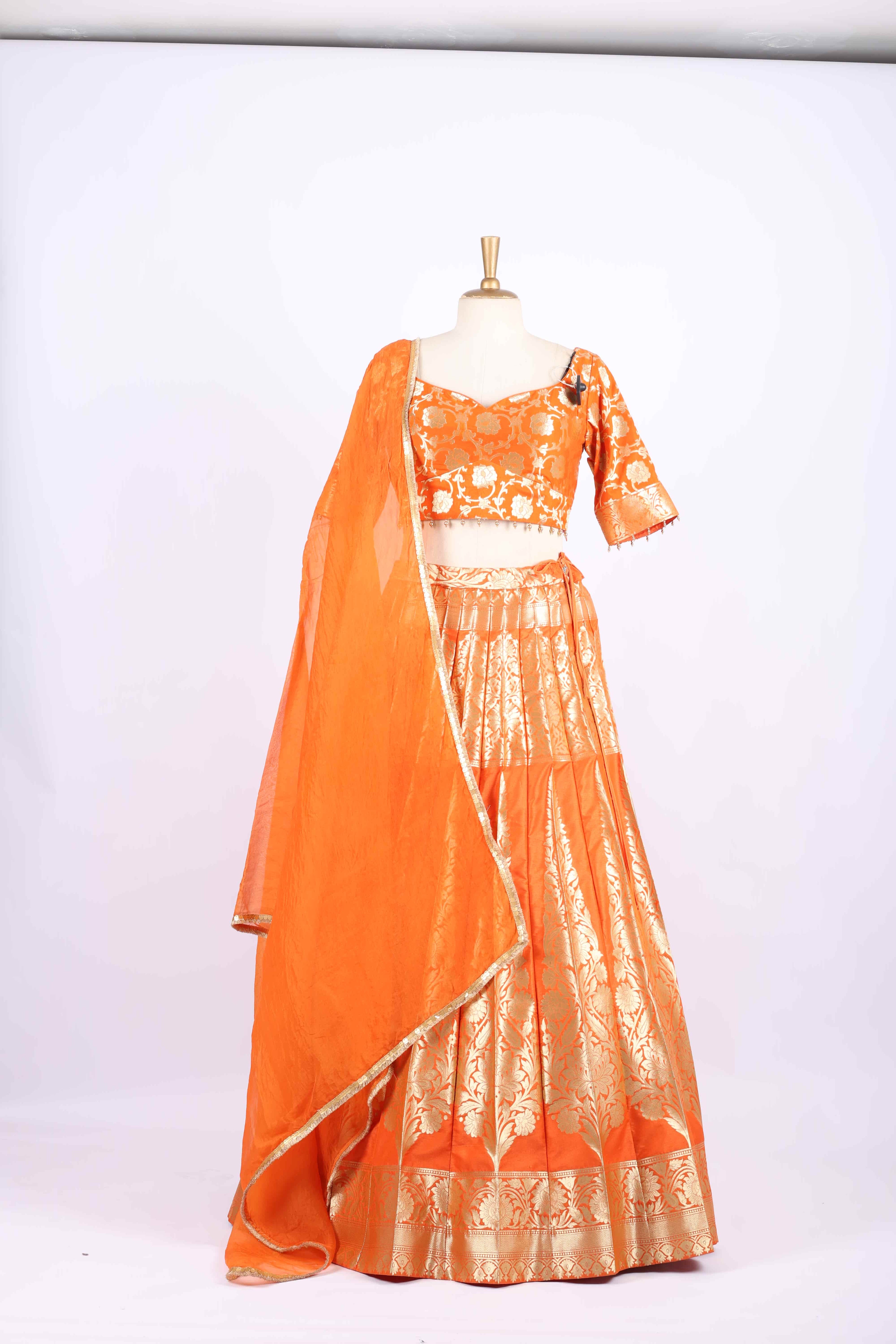 Vibrant Orange Banarasi Silk Lehenga Set