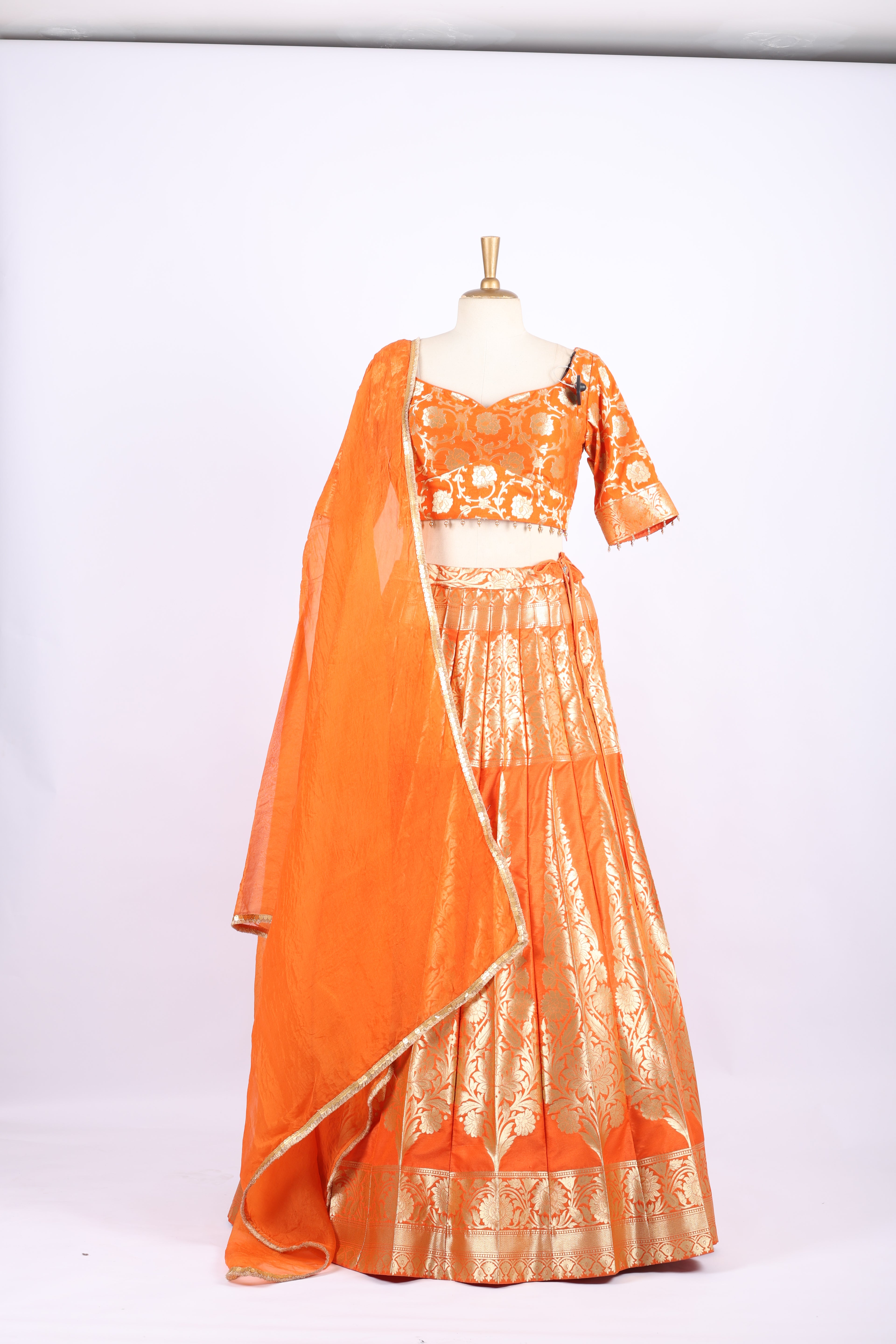 Vibrant Orange Banarasi Silk Lehenga Set