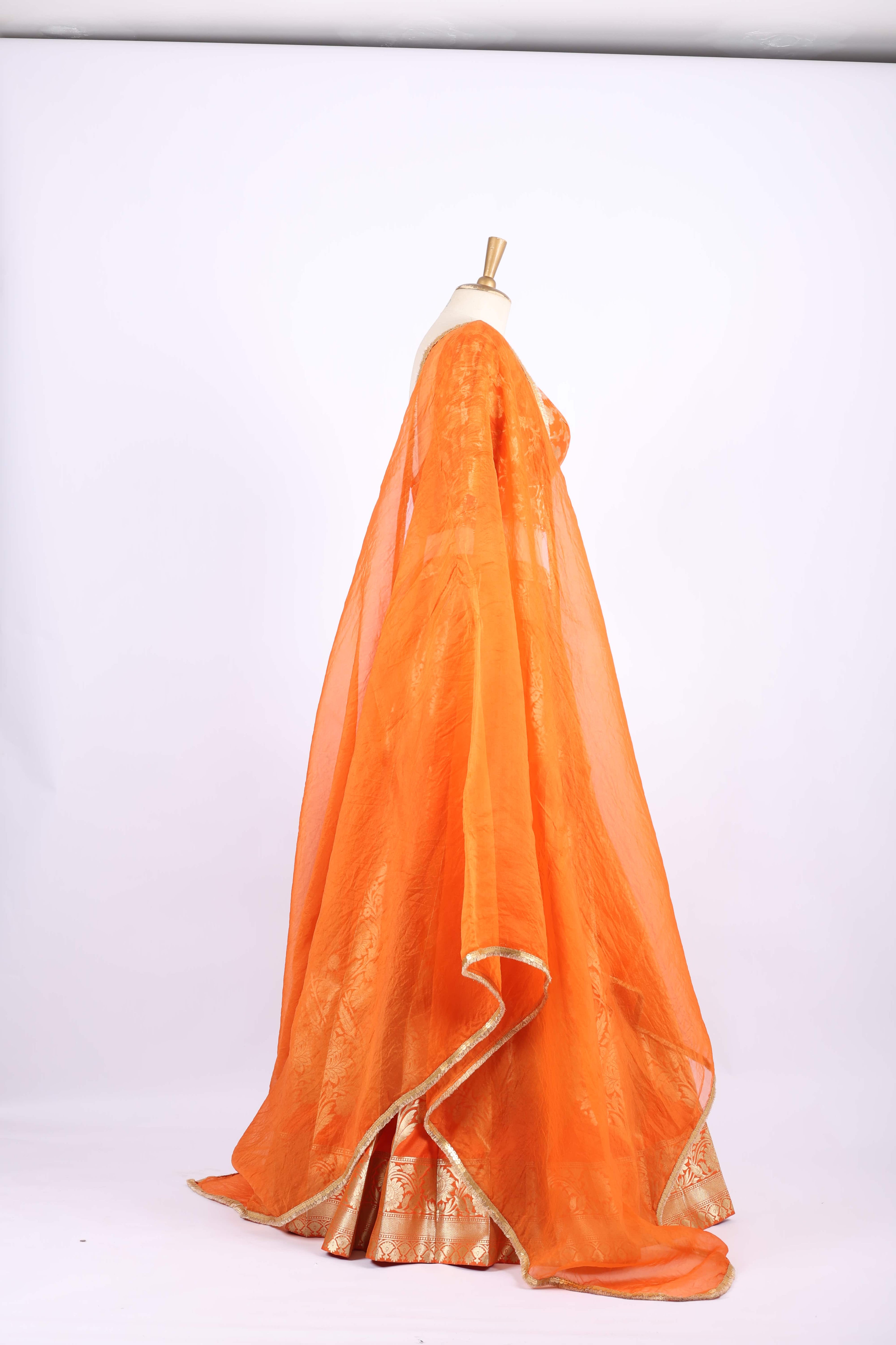 Vibrant Orange Banarasi Silk Lehenga Set