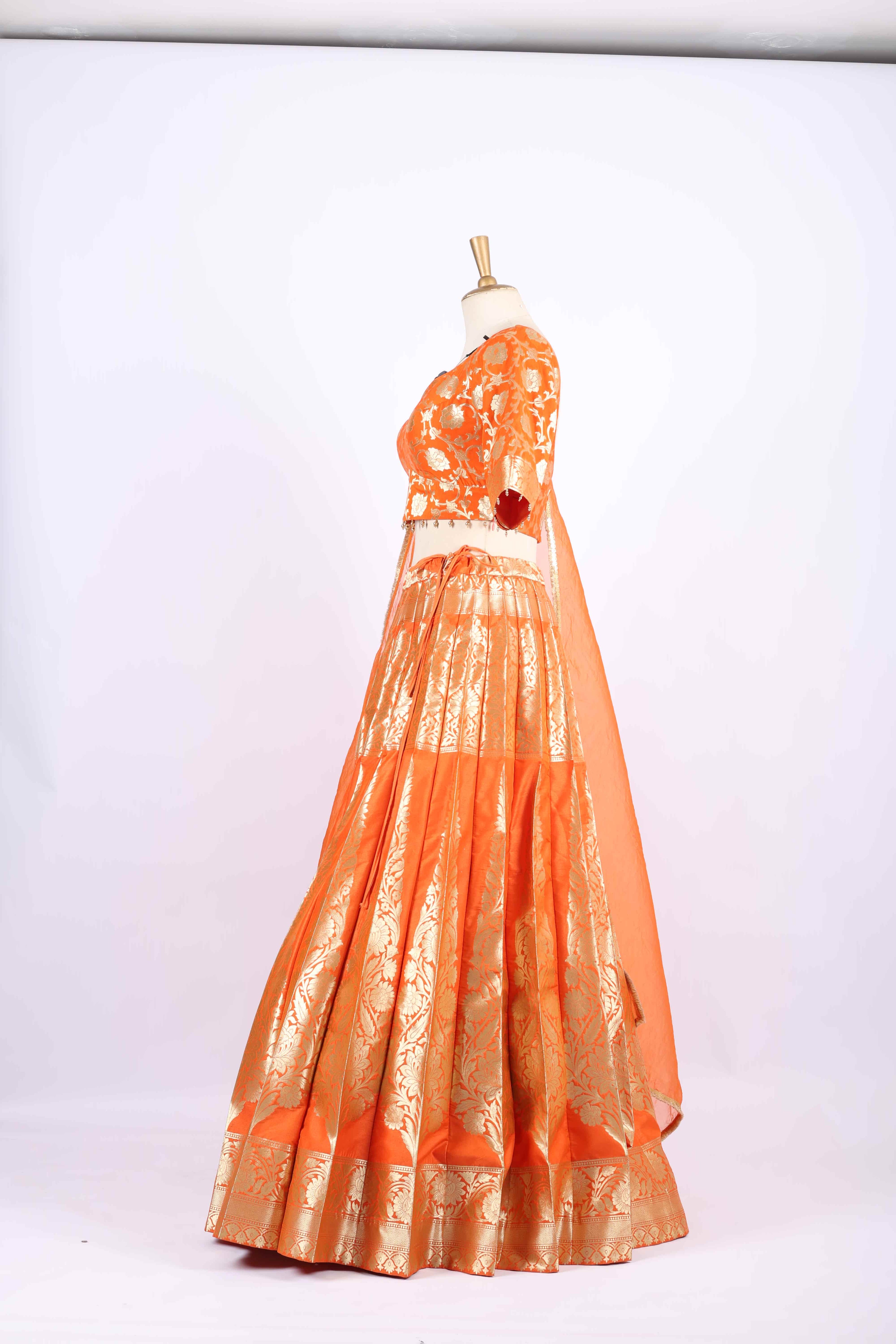 Vibrant Orange Banarasi Silk Lehenga Set