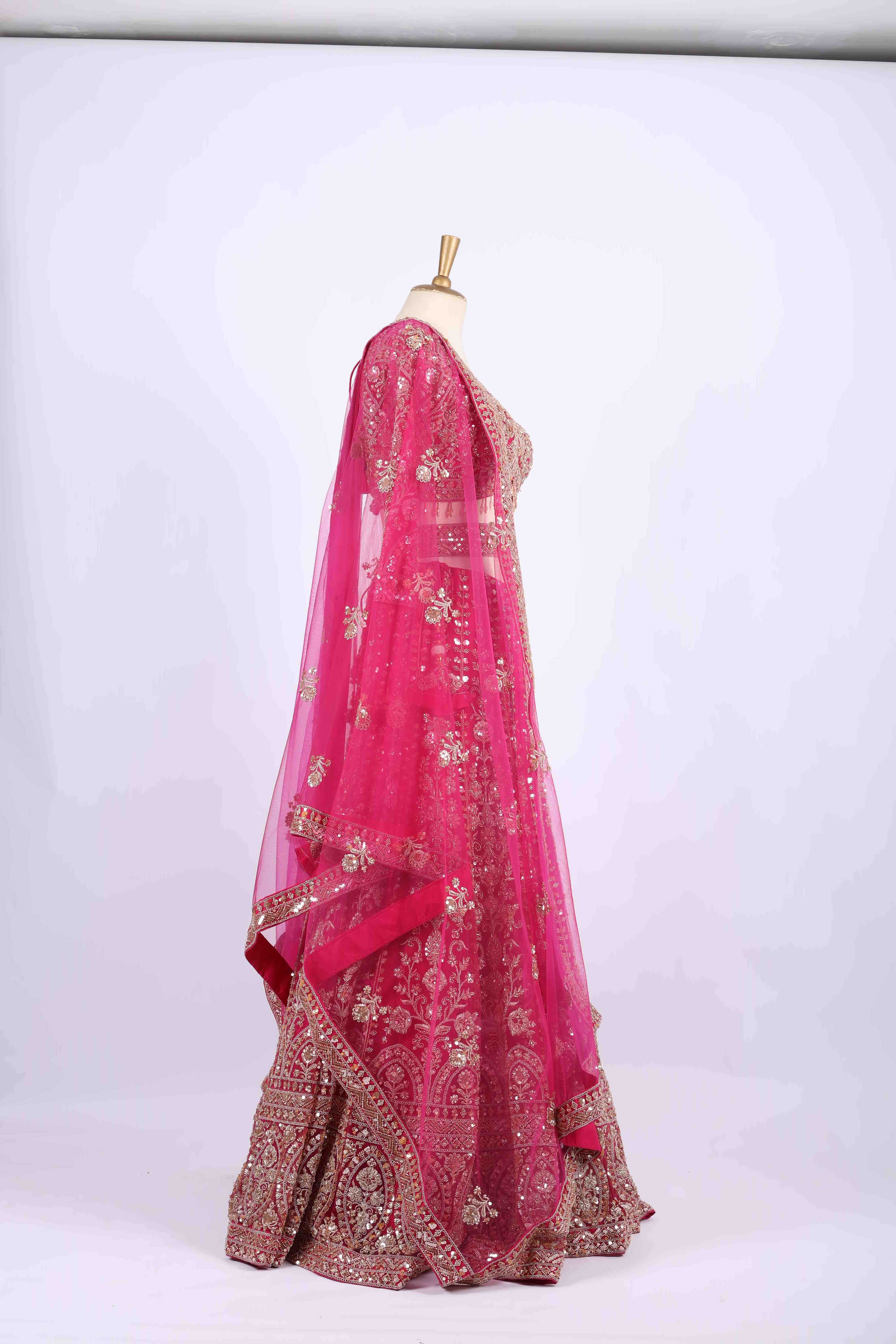 Hot Pink Heavily Embroidered Bridal Lehenga Set