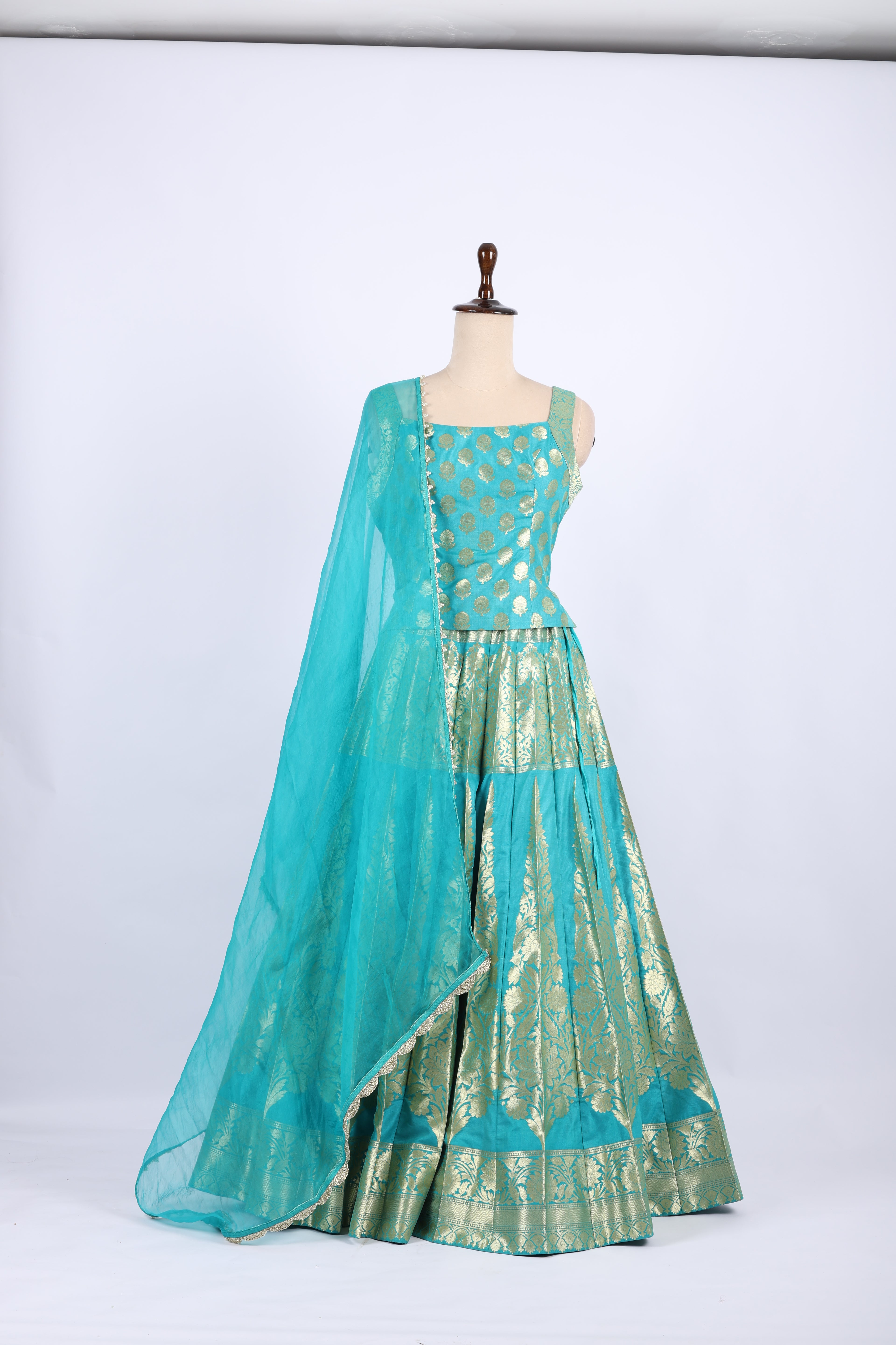 Aqua Blue Banarasi Silk Lehenga Set