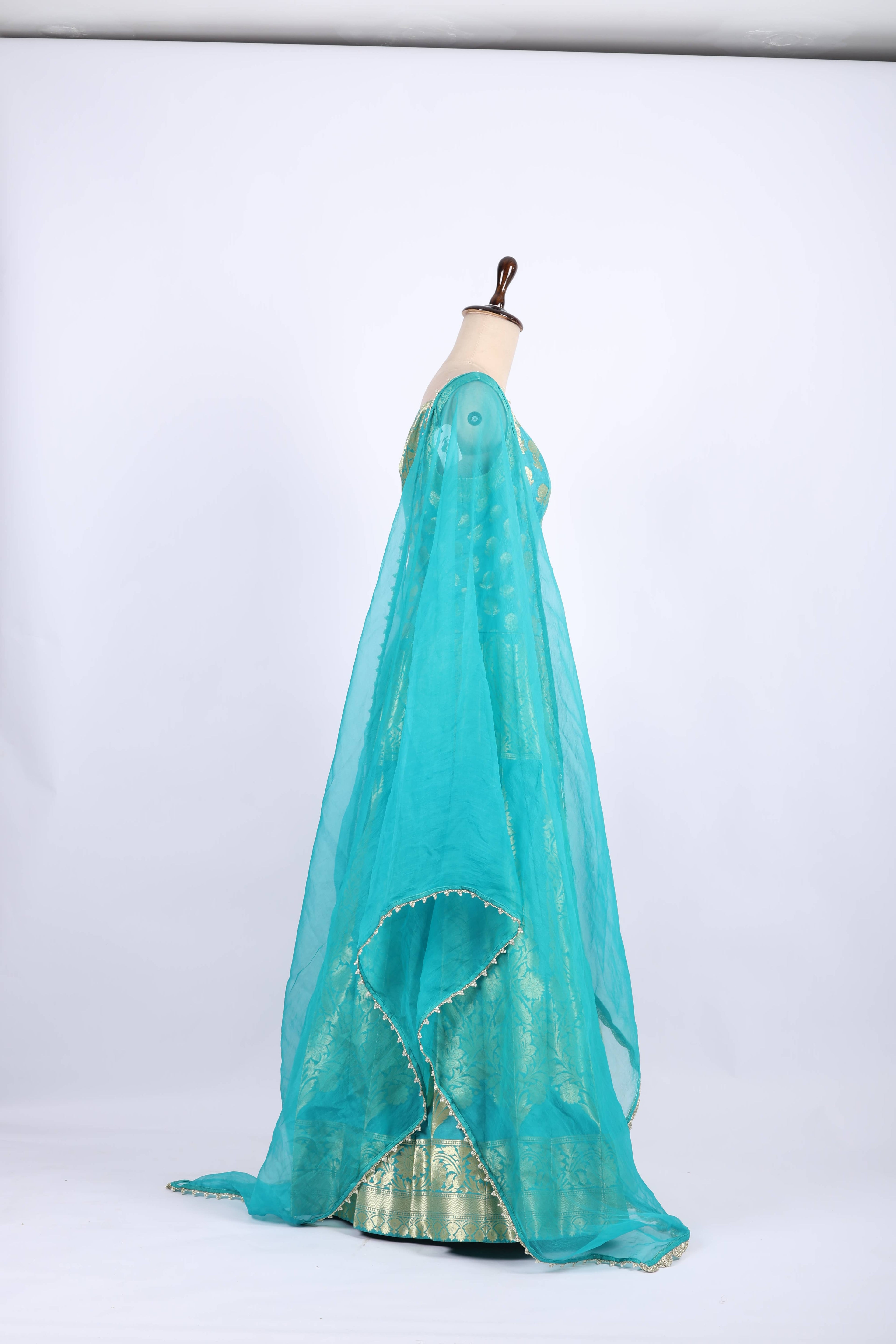 Aqua Blue Banarasi Silk Lehenga Set