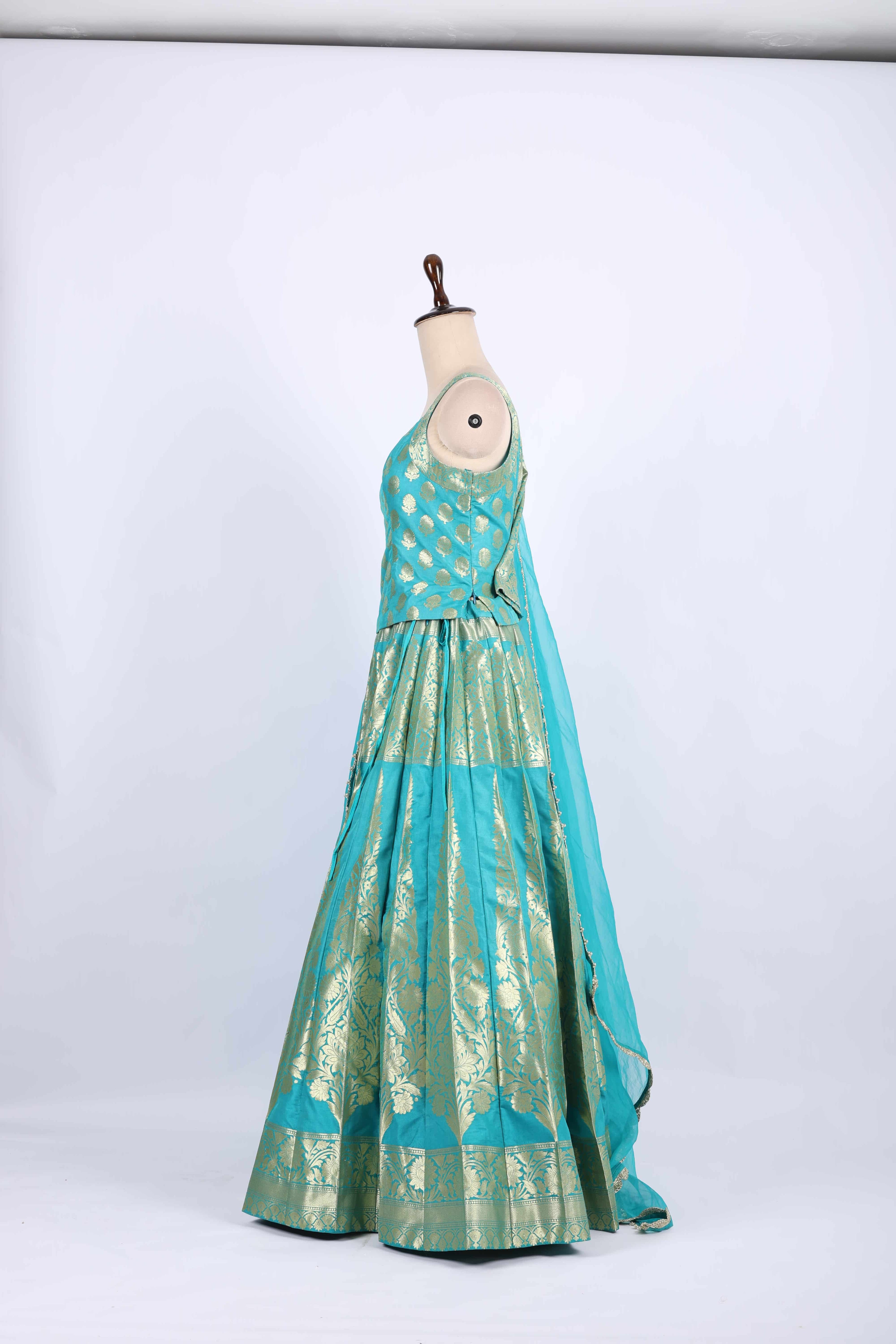 Aqua Blue Banarasi Silk Lehenga Set