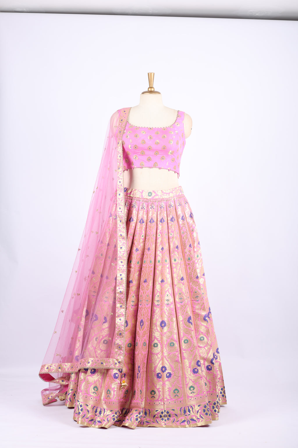 Pink Banarasi Silk Embroidered Lehenga Set