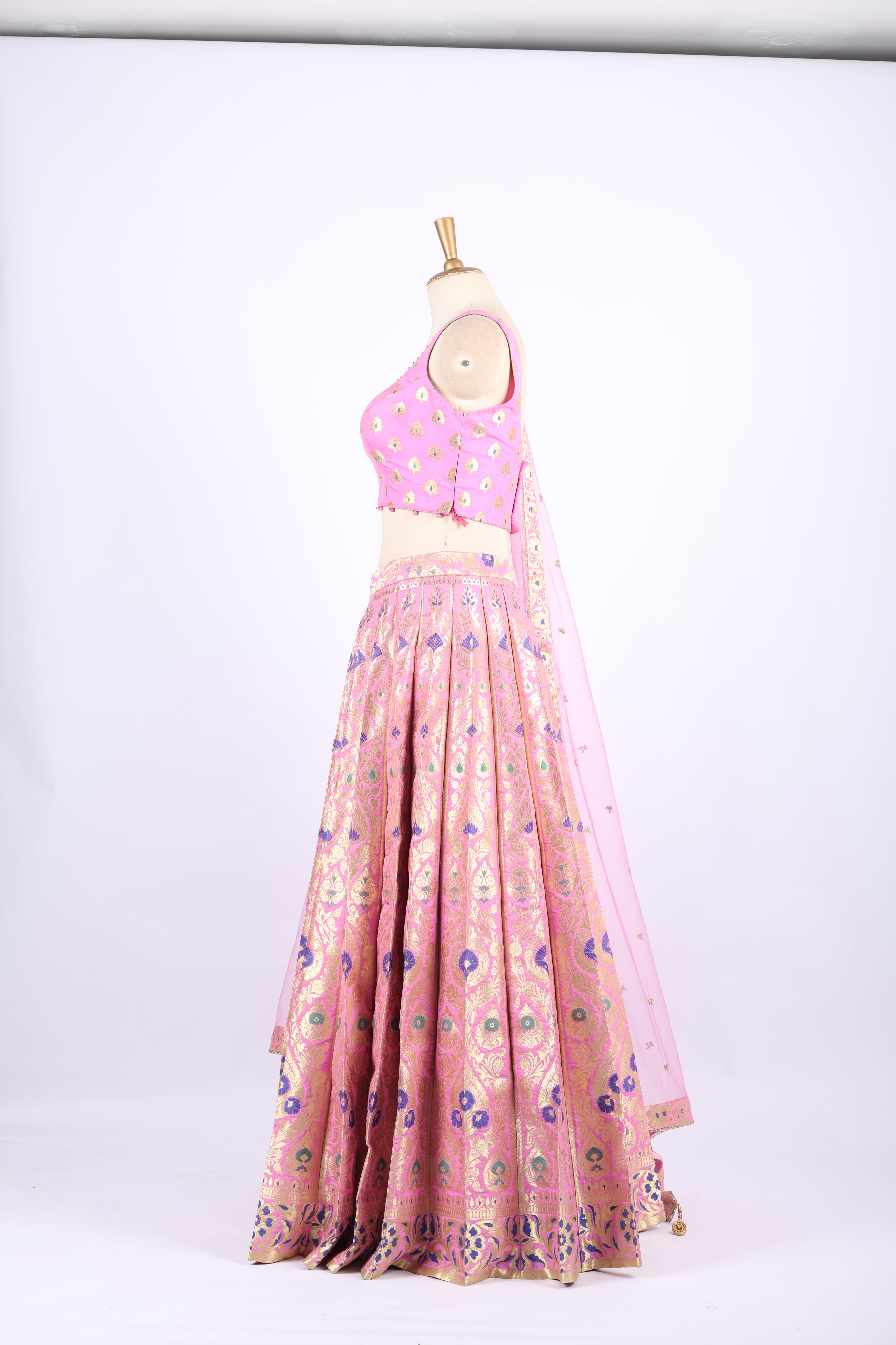 Pink Banarasi Silk Embroidered Lehenga Set