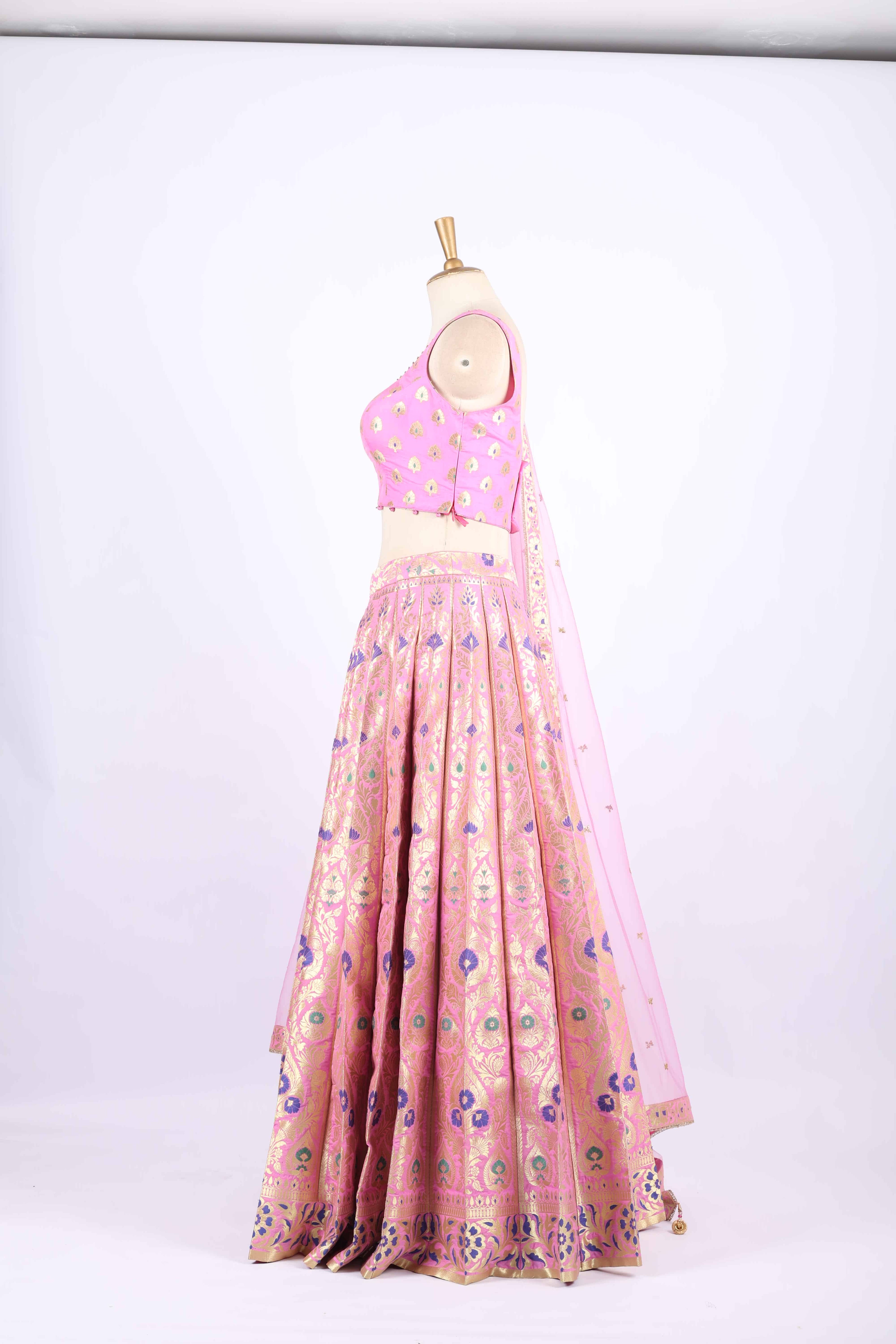 Pink Banarasi Silk Embroidered Lehenga Set