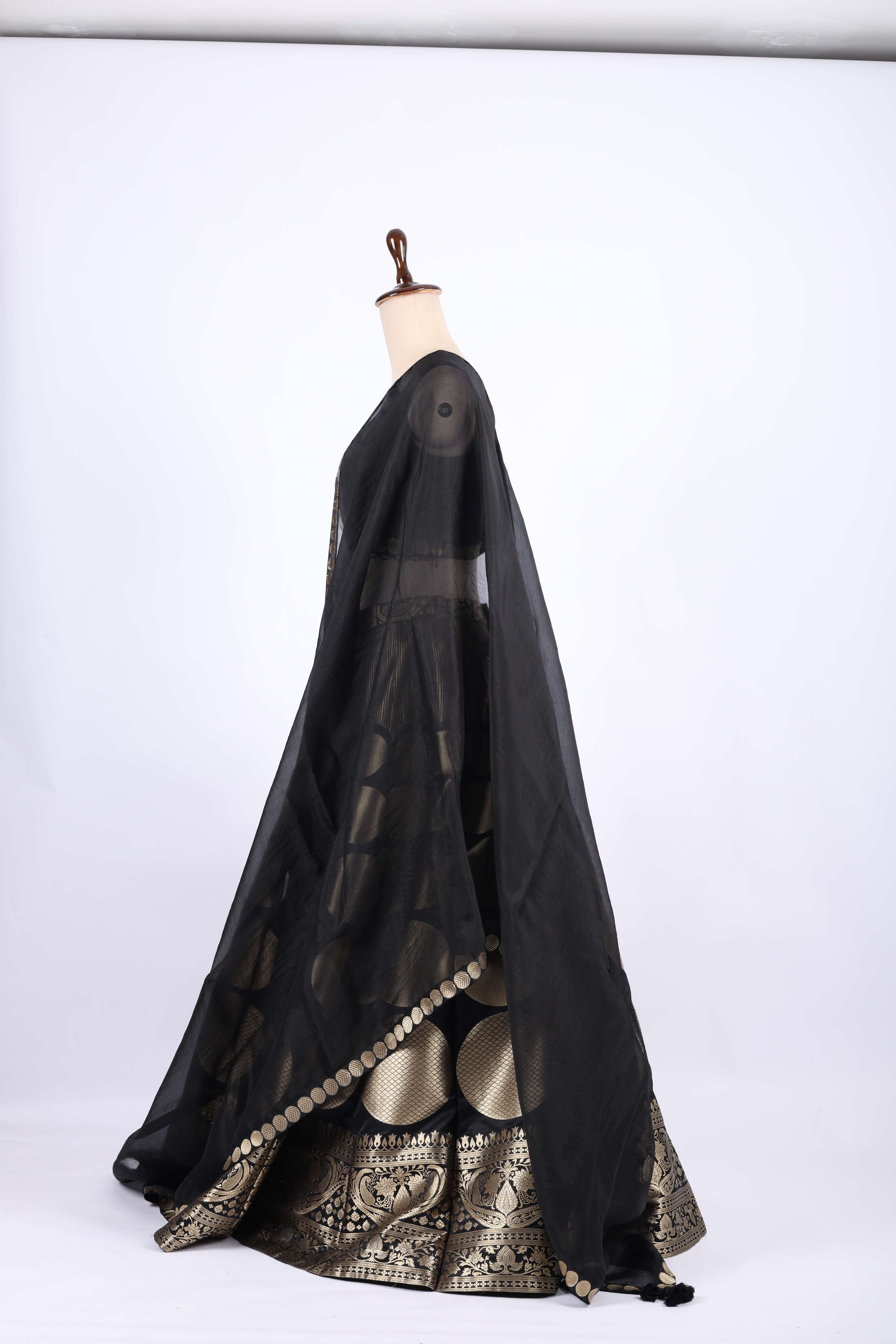 Black and Gold Banarasi Silk Lehenga Set