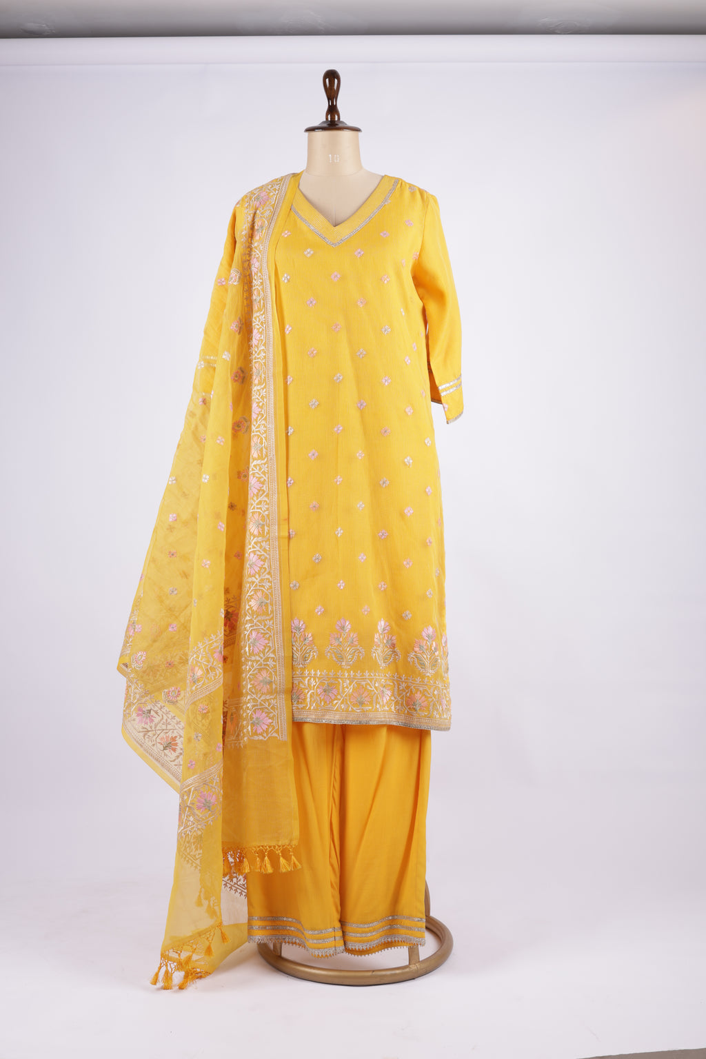 Mustard yellow embroidered sharara set