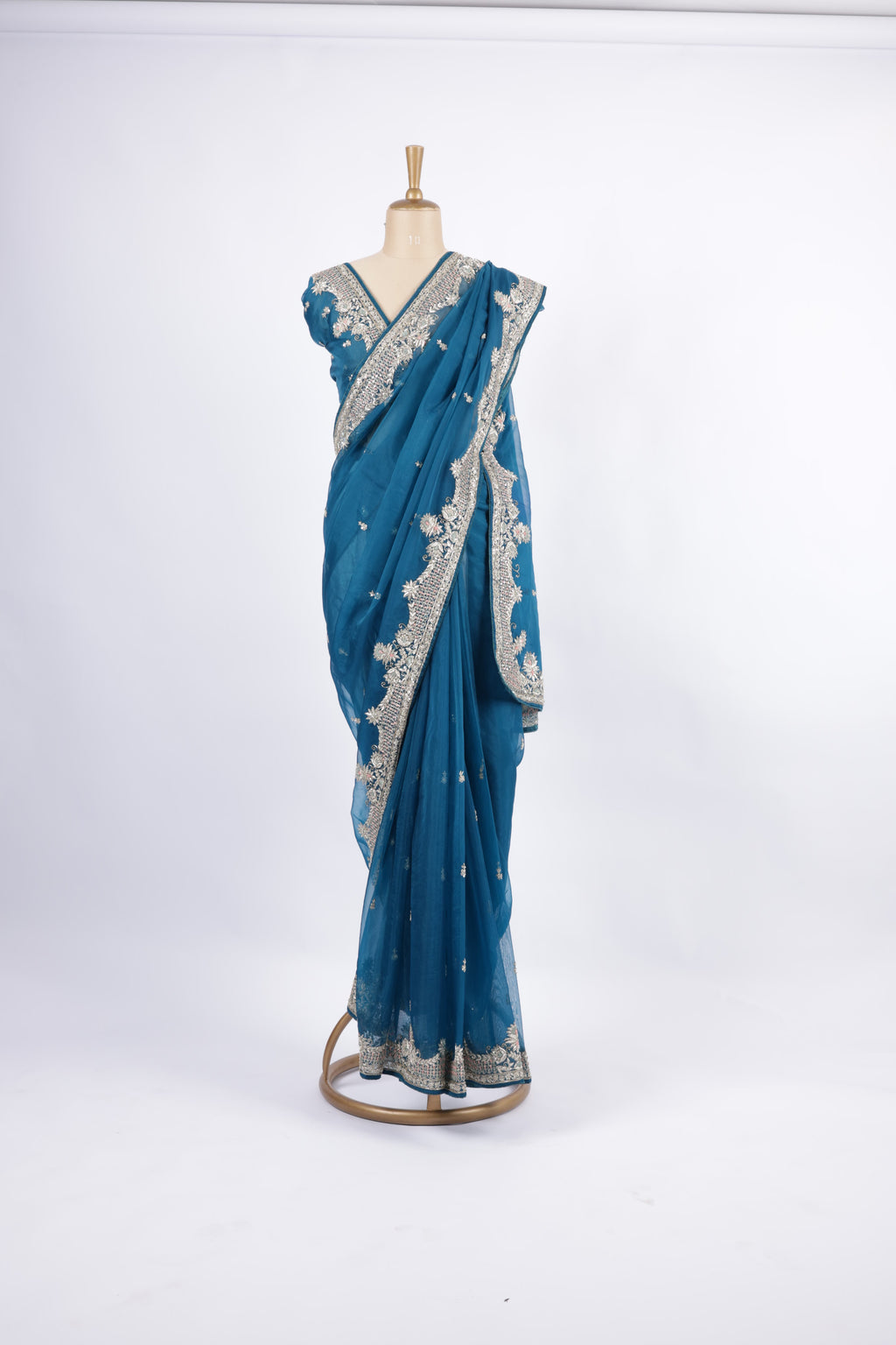 Teal Blue   Hand Embroidery with Silver Zari &amp; Sequin Detailing Saree