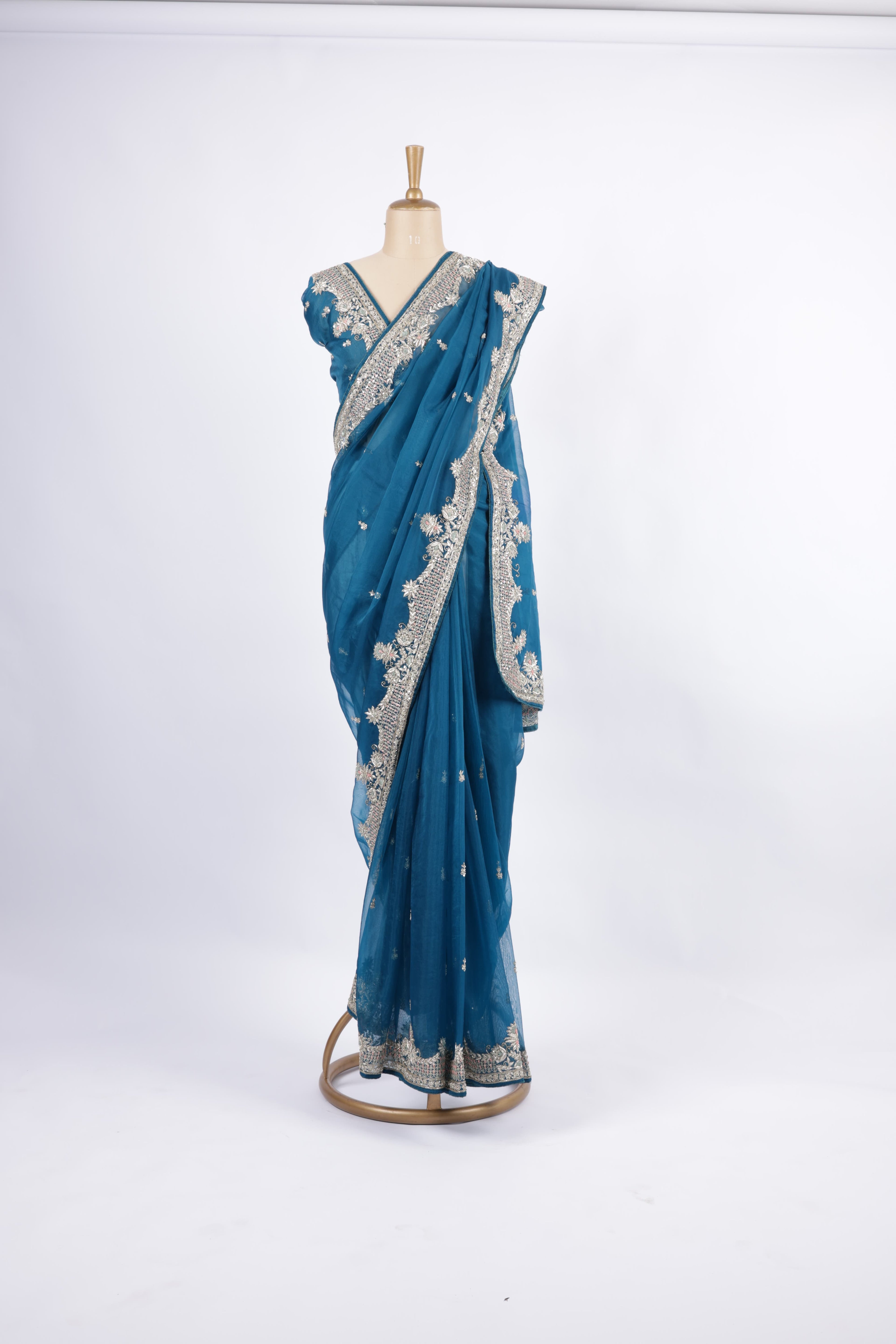 Teal Blue   Hand Embroidery with Silver Zari &amp; Sequin Detailing Saree