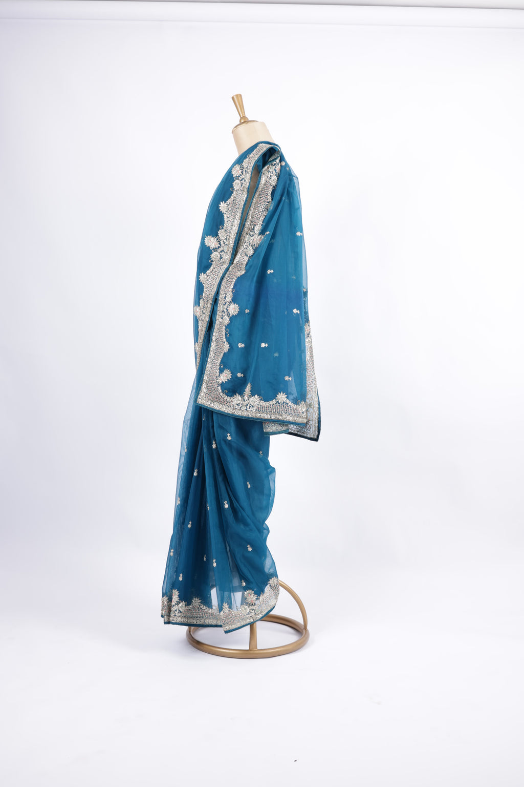 Teal Blue   Hand Embroidery with Silver Zari &amp; Sequin Detailing Saree