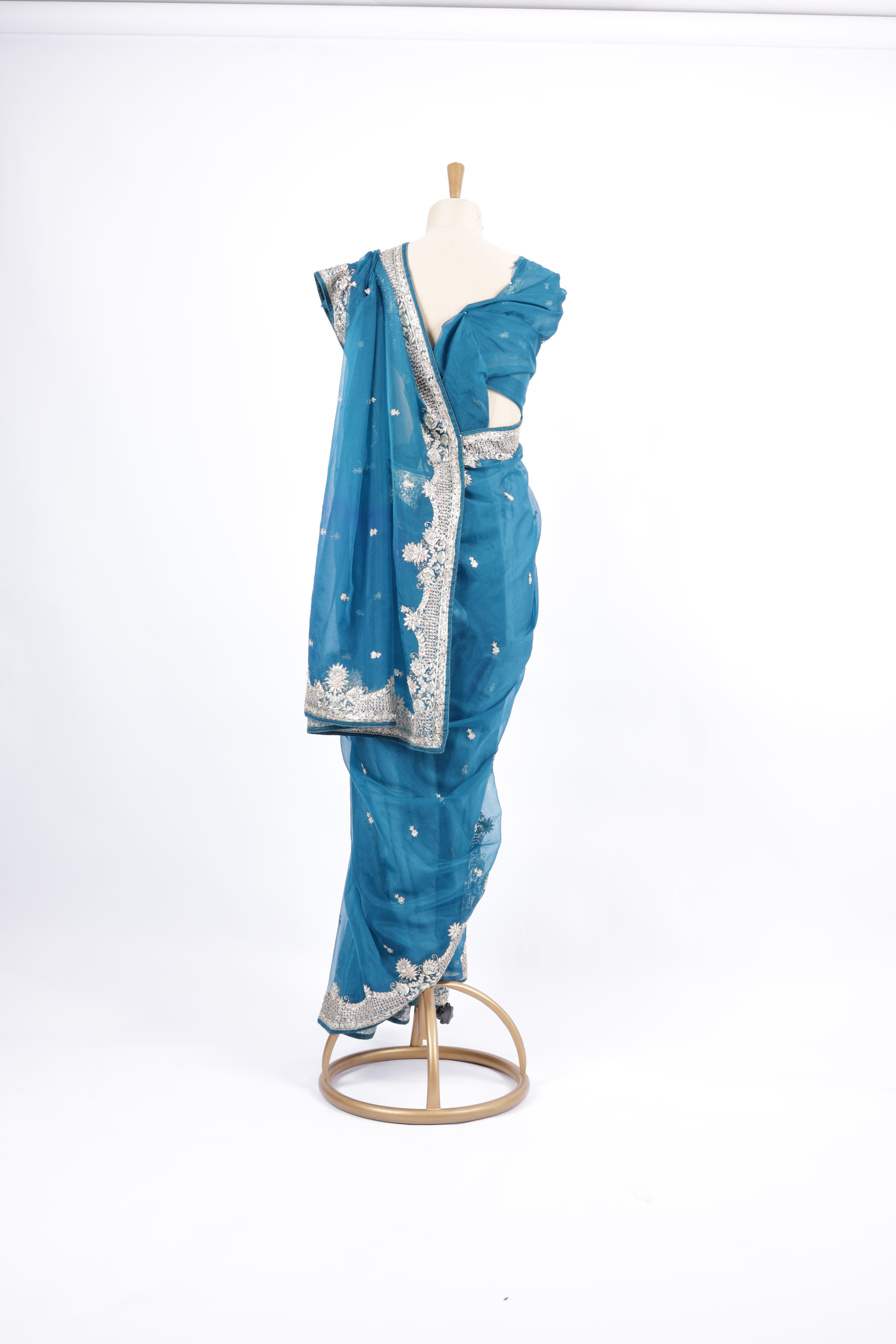 Teal Blue   Hand Embroidery with Silver Zari &amp; Sequin Detailing Saree