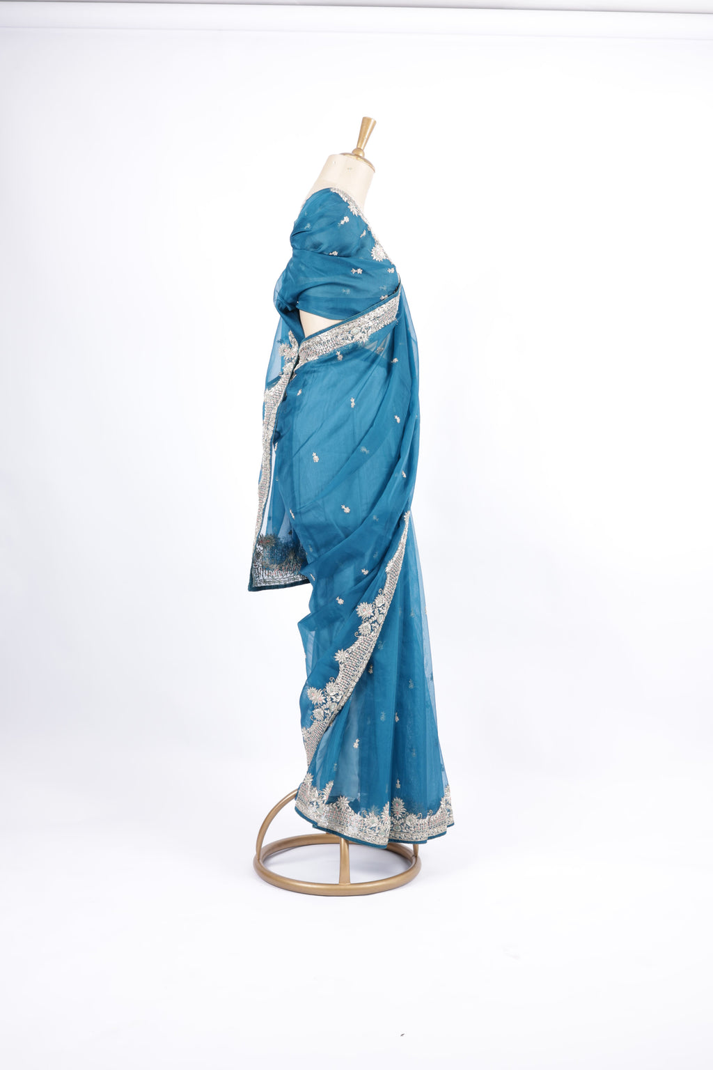 Teal Blue   Hand Embroidery with Silver Zari &amp; Sequin Detailing Saree