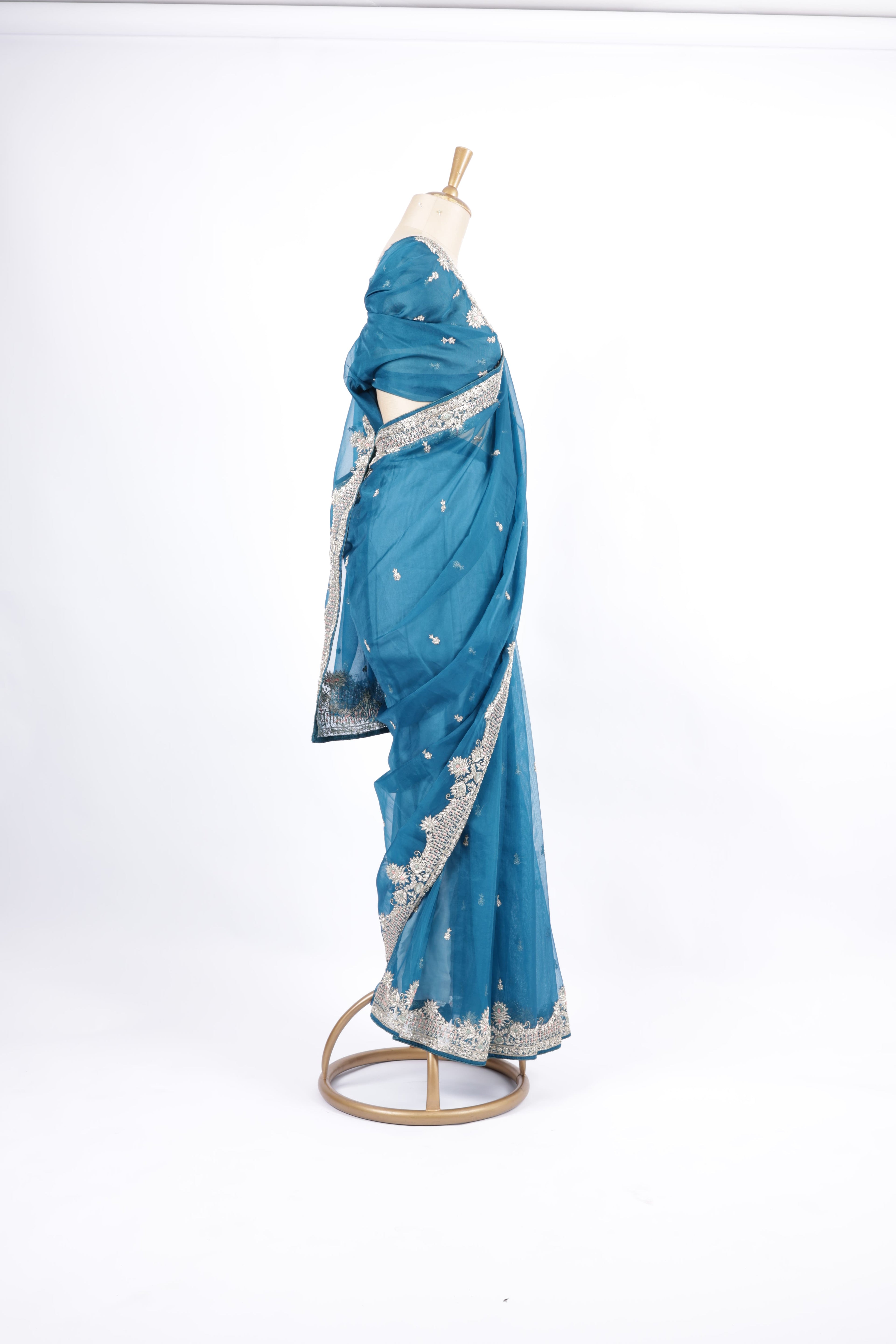 Teal Blue   Hand Embroidery with Silver Zari &amp; Sequin Detailing Saree