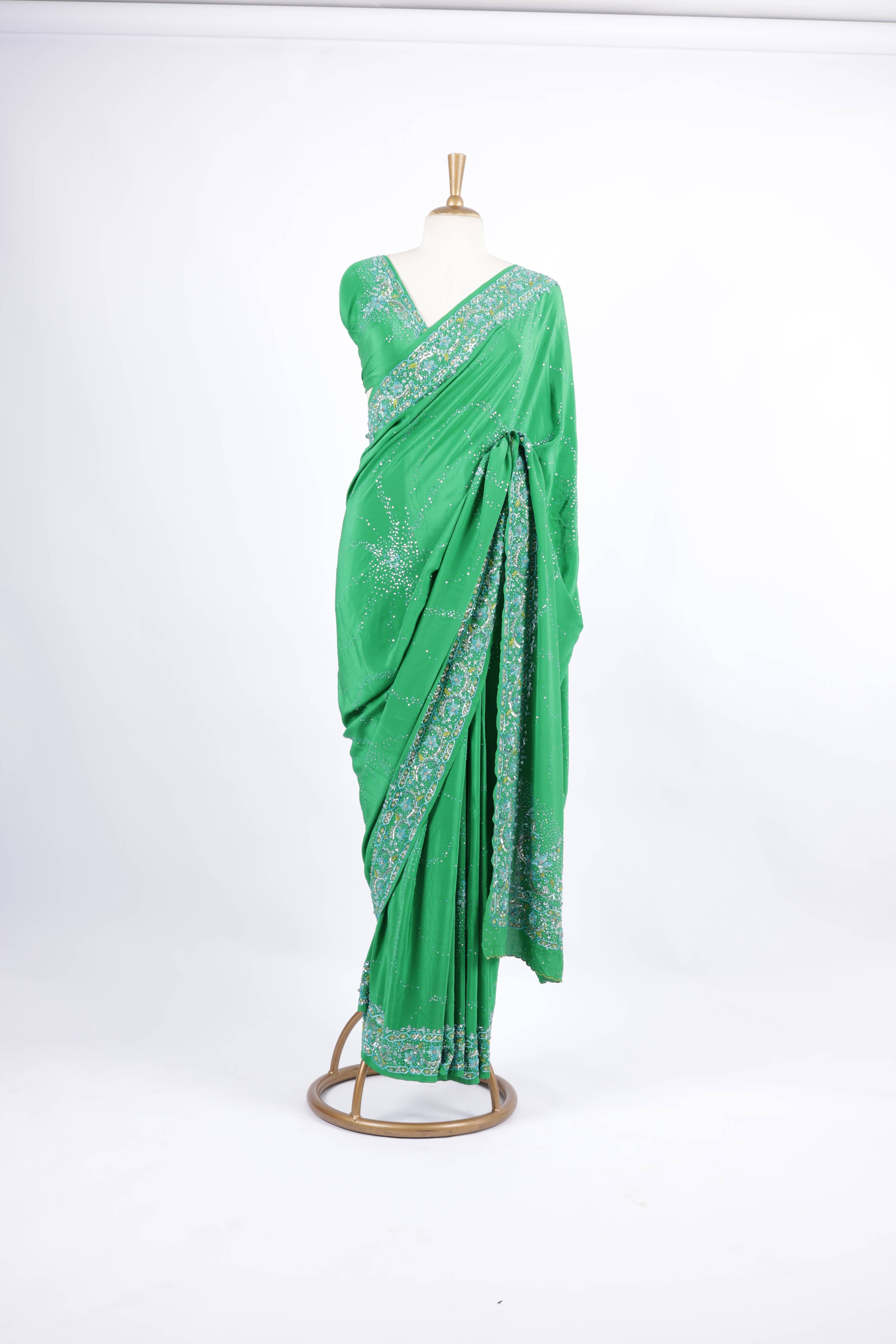 Emerald Green Crystal, Sequin  Cutdana Embroidery Saree