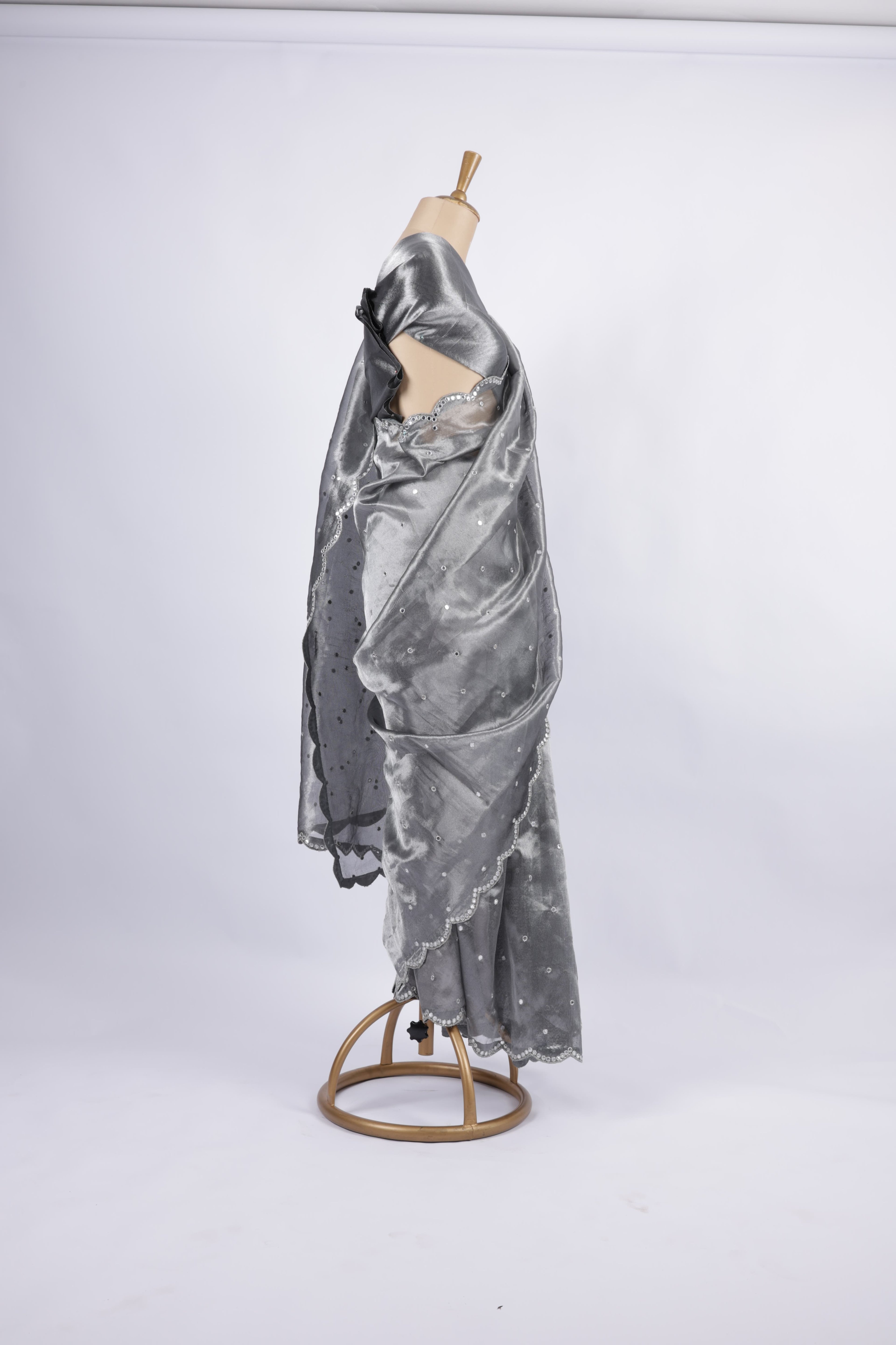 Charcoal Grey Pearl and Mirror EmbroiderySaree