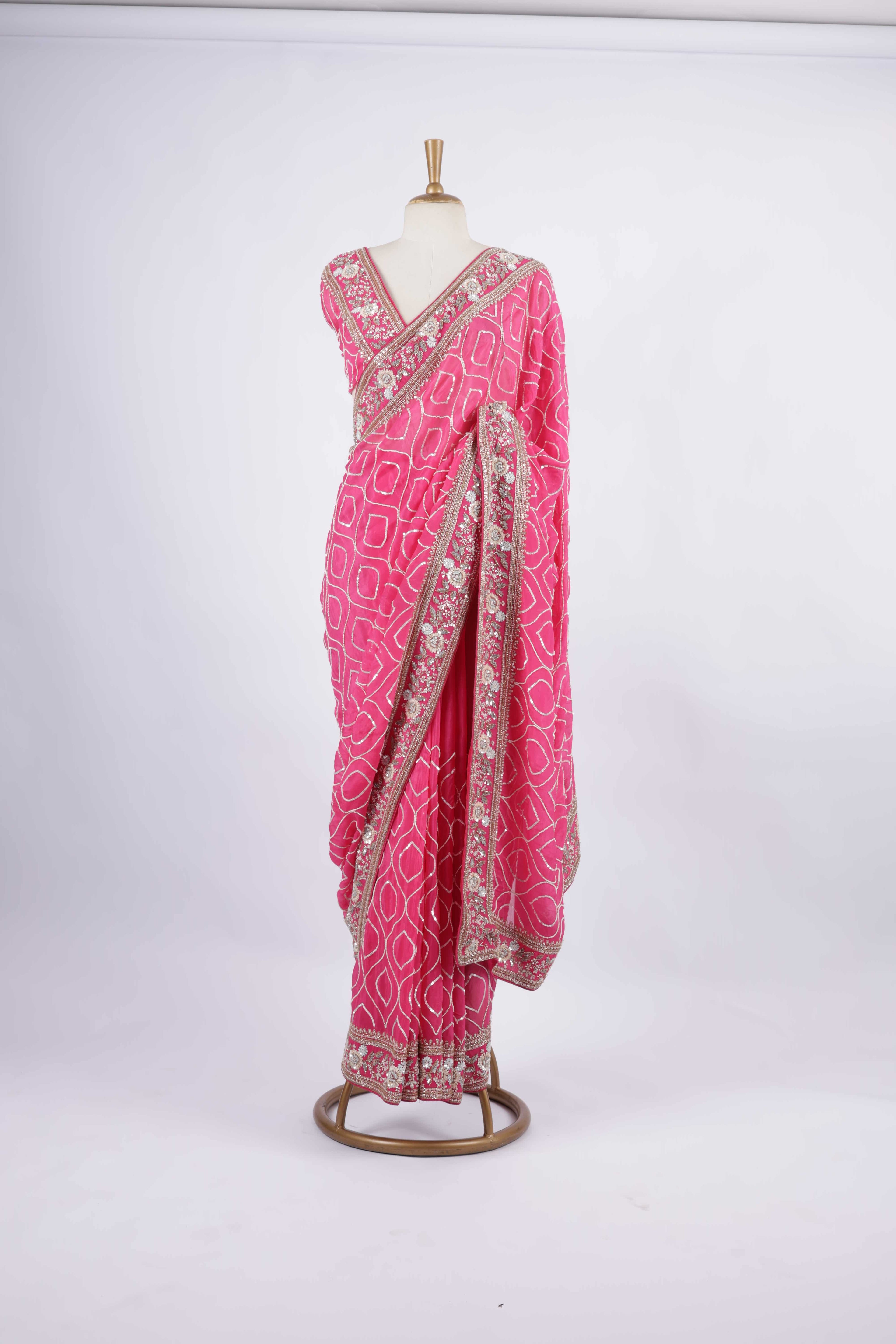 Bandhej Print with Heavy Mirror and Zari Embroidery Saree