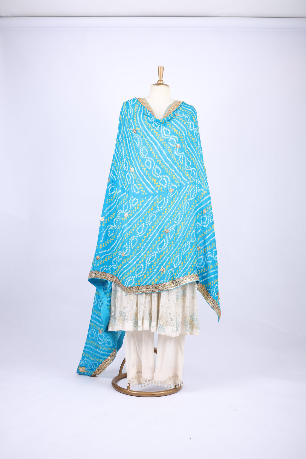 Ivory Anarkali with Sky Blue Dupatta